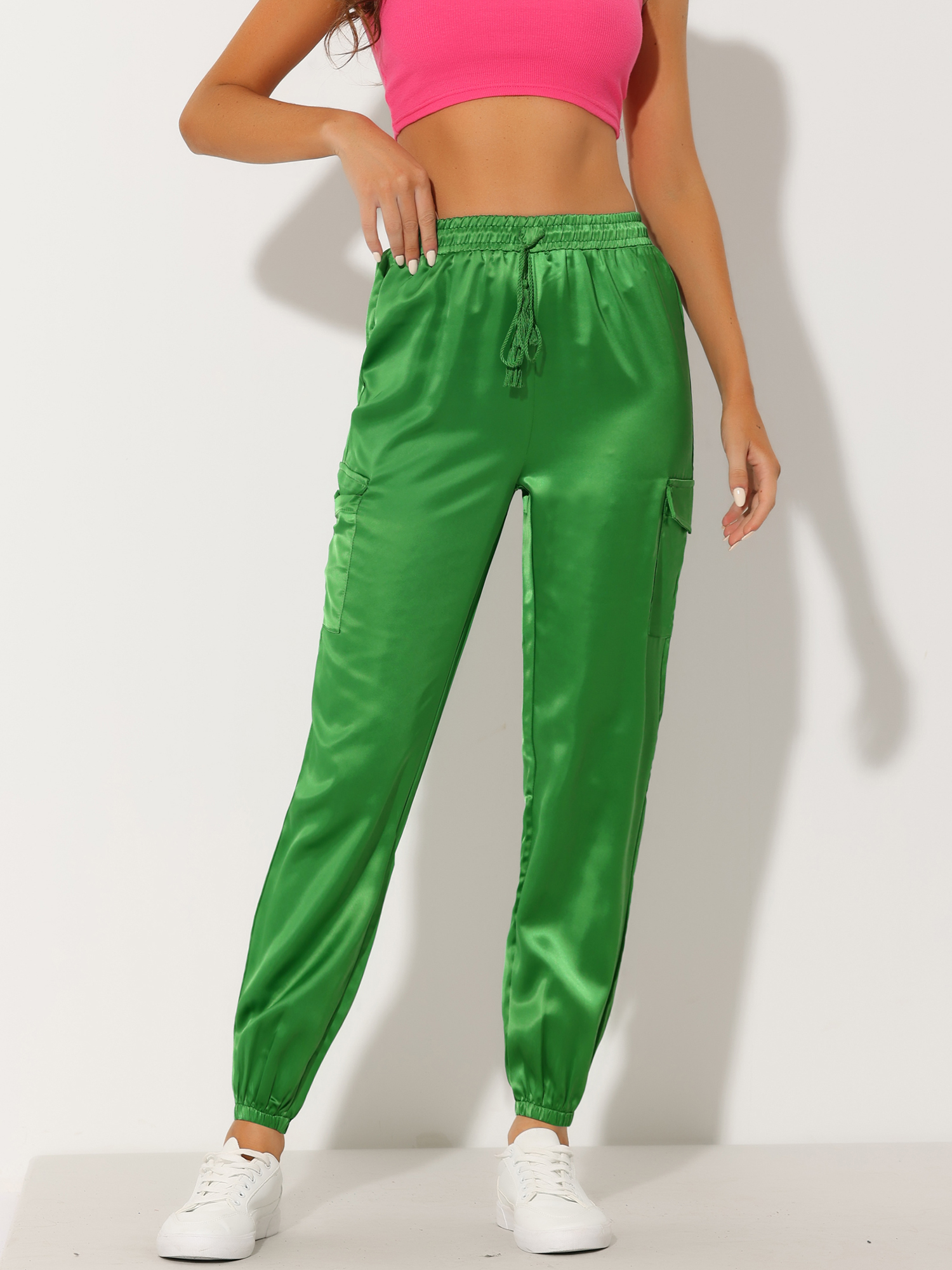 Women's Satin Joggers Drawstring Elastic High Waist Silky Satin Cargo Pants Light Green/S