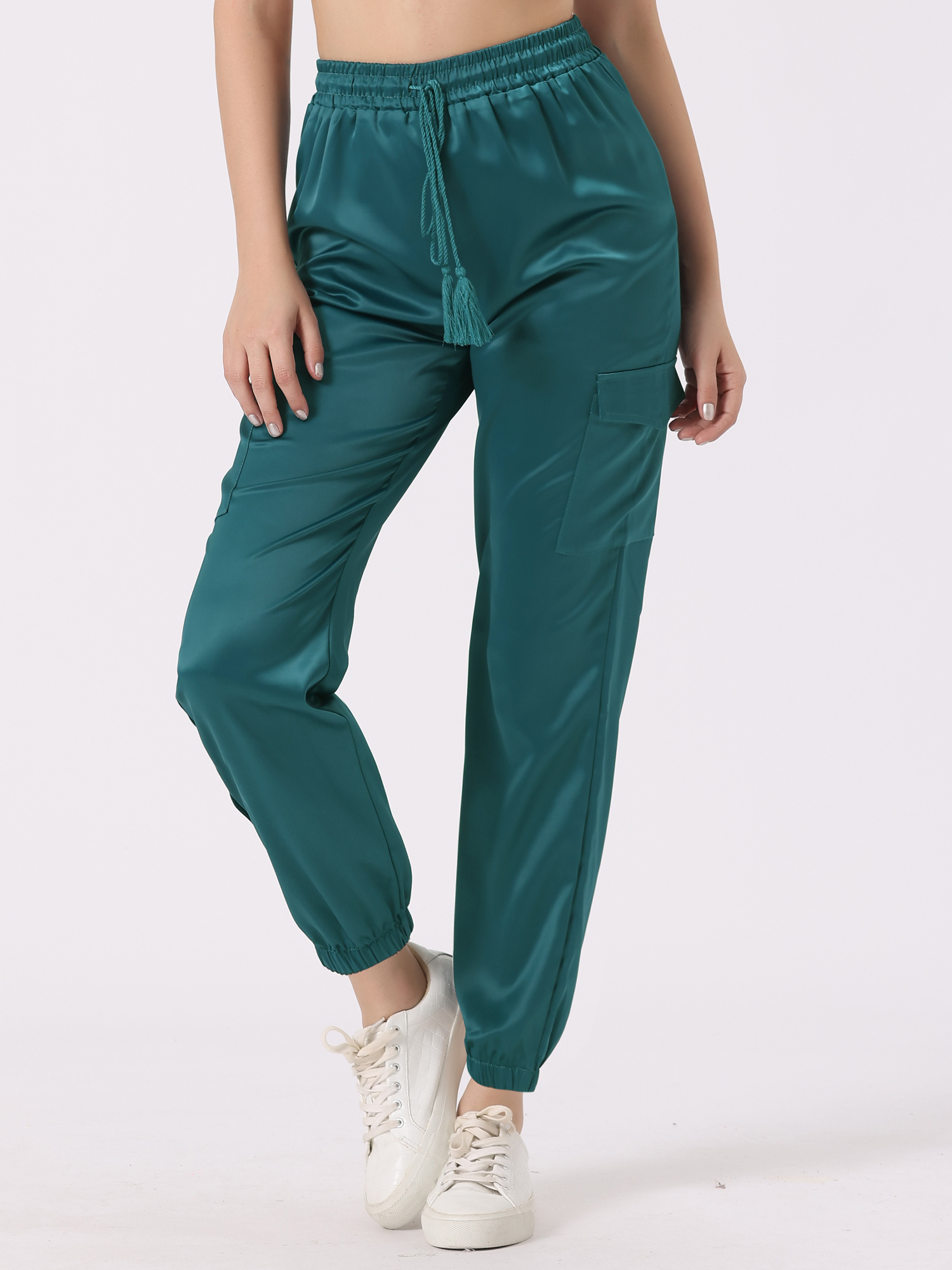 Women's Satin Joggers Drawstring Elastic High Waist Silky Satin Cargo Pants Blue-Green/S