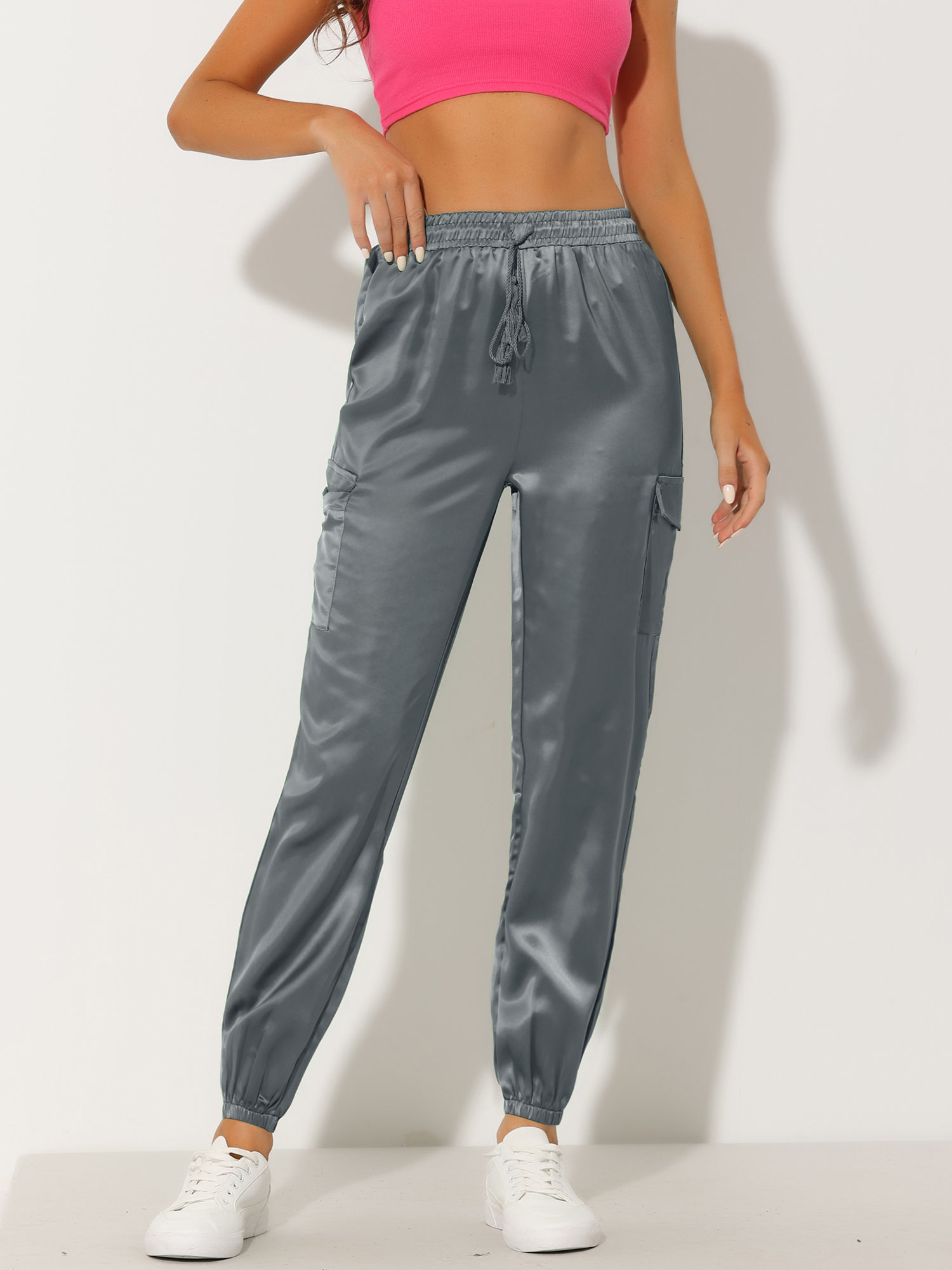 Women's Satin Joggers Drawstring Elastic High Waist Silky Satin Cargo Pants Grey/S