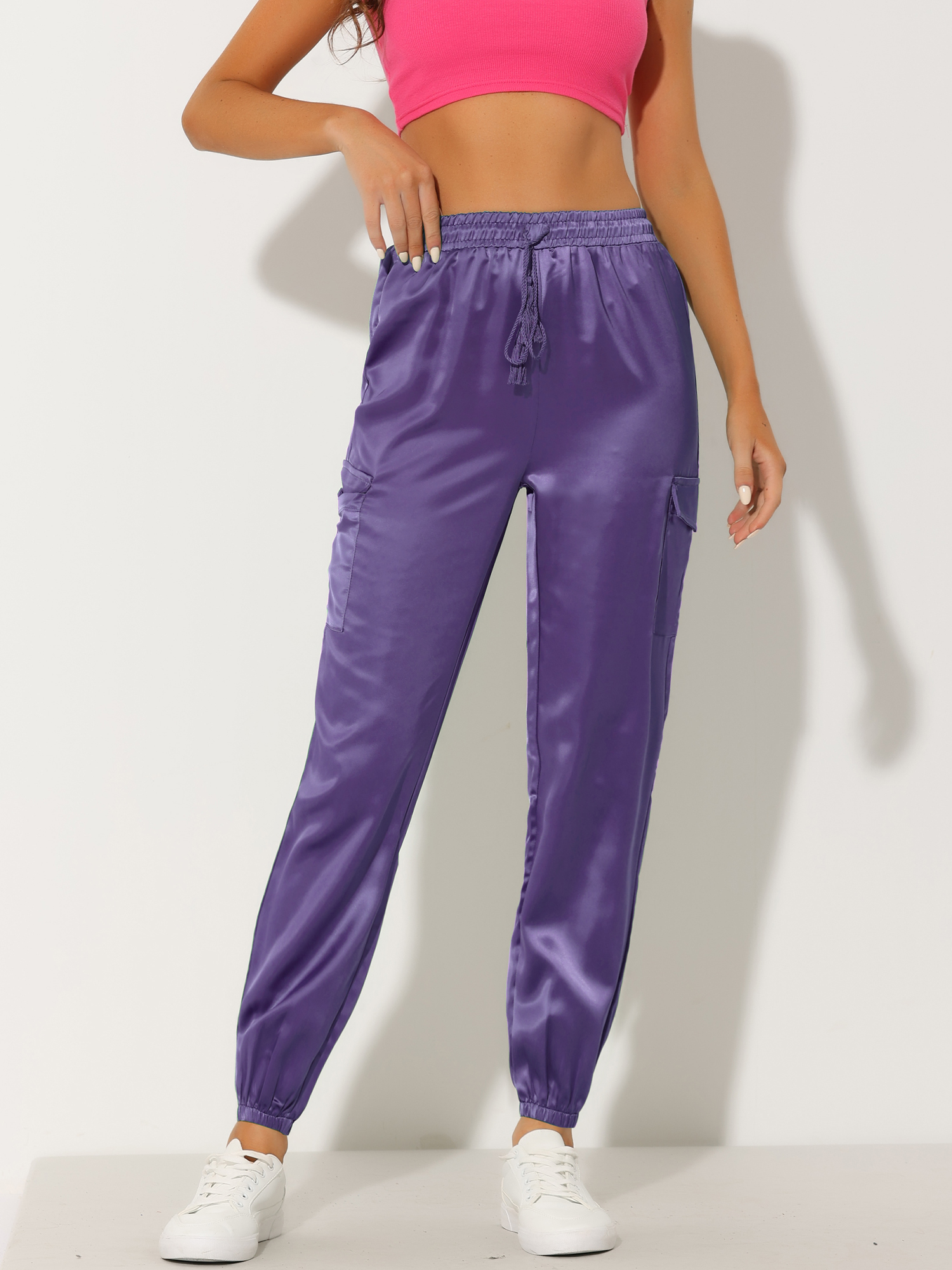 Women's Satin Joggers Drawstring Elastic High Waist Silky Satin Cargo Pants Purple/S