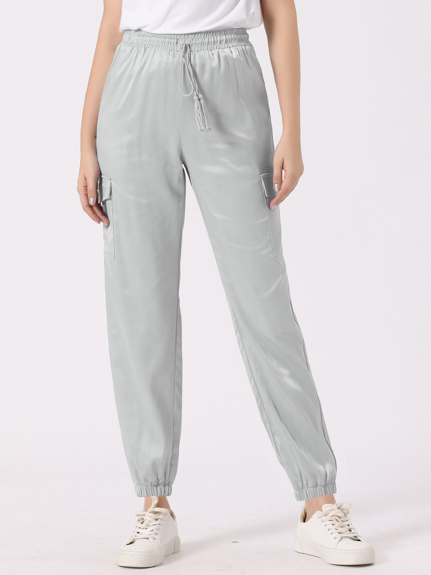 Women's Satin Joggers Drawstring Elastic High Waist Silky Satin Cargo Pants Light Grey/L