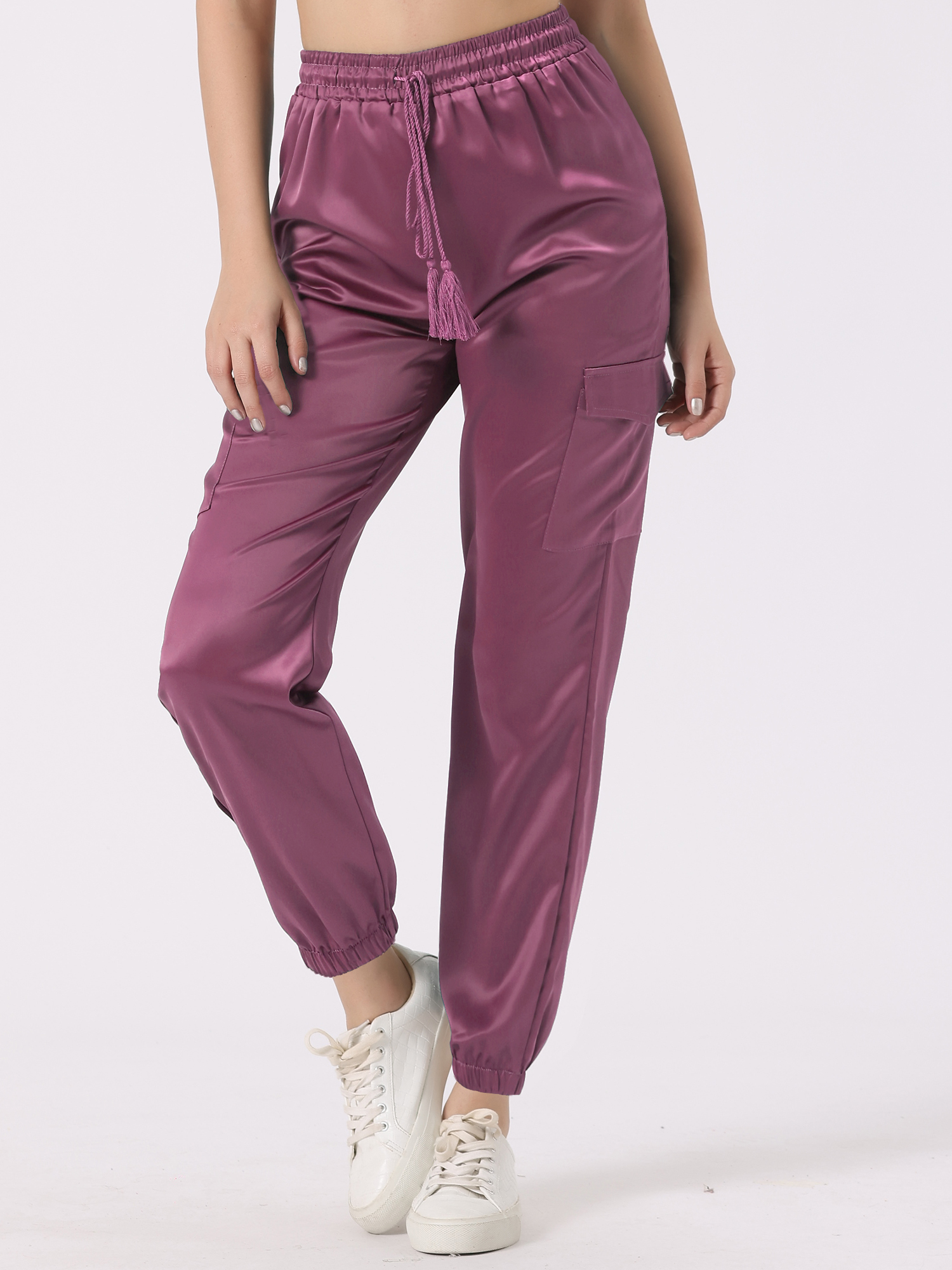 Women's Satin Joggers Drawstring Elastic High Waist Silky Satin Cargo Pants Pink Purple/L