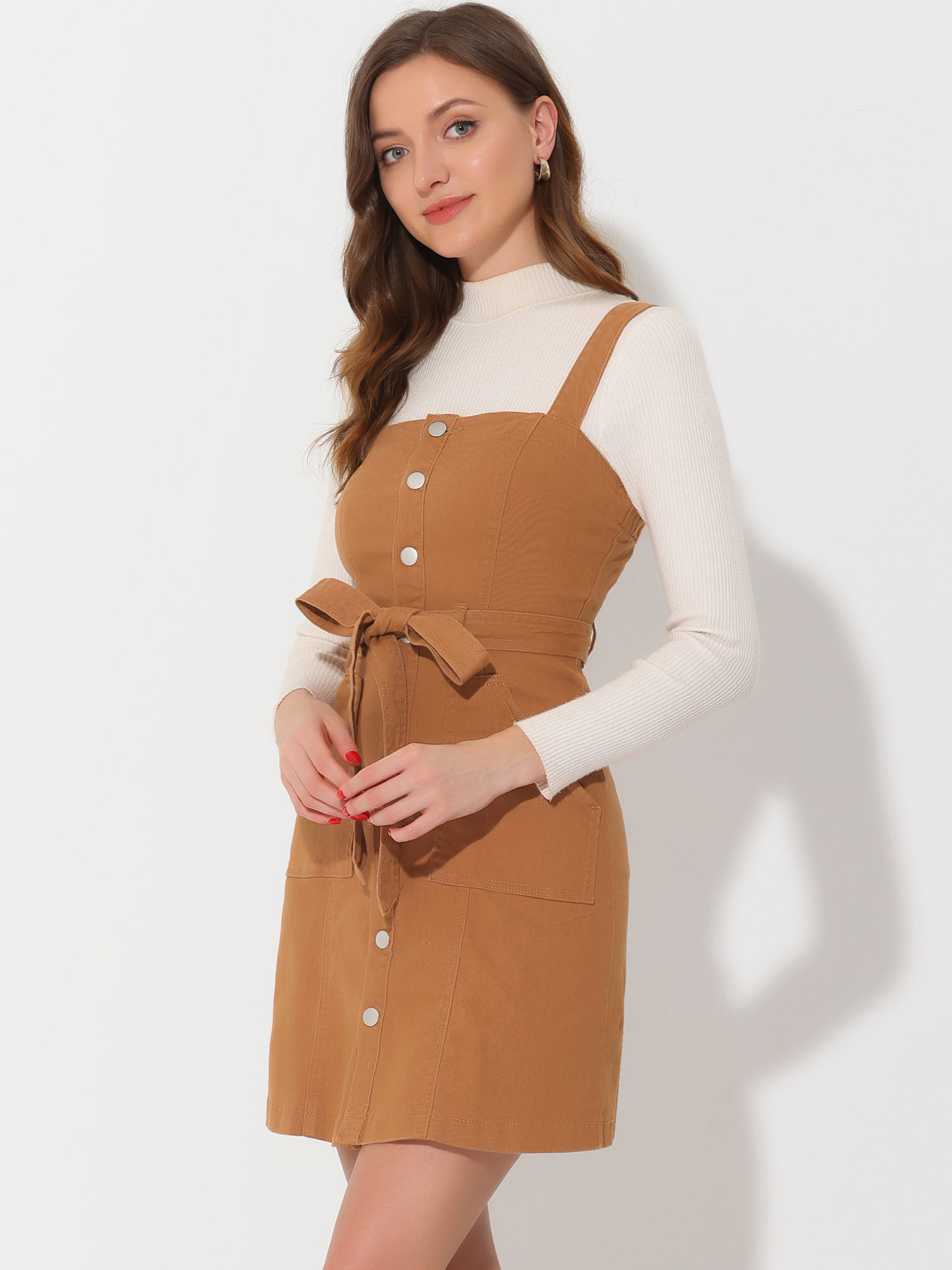 Classic Adjustable Strap A-Line Denim Overall Dress Caramel/S