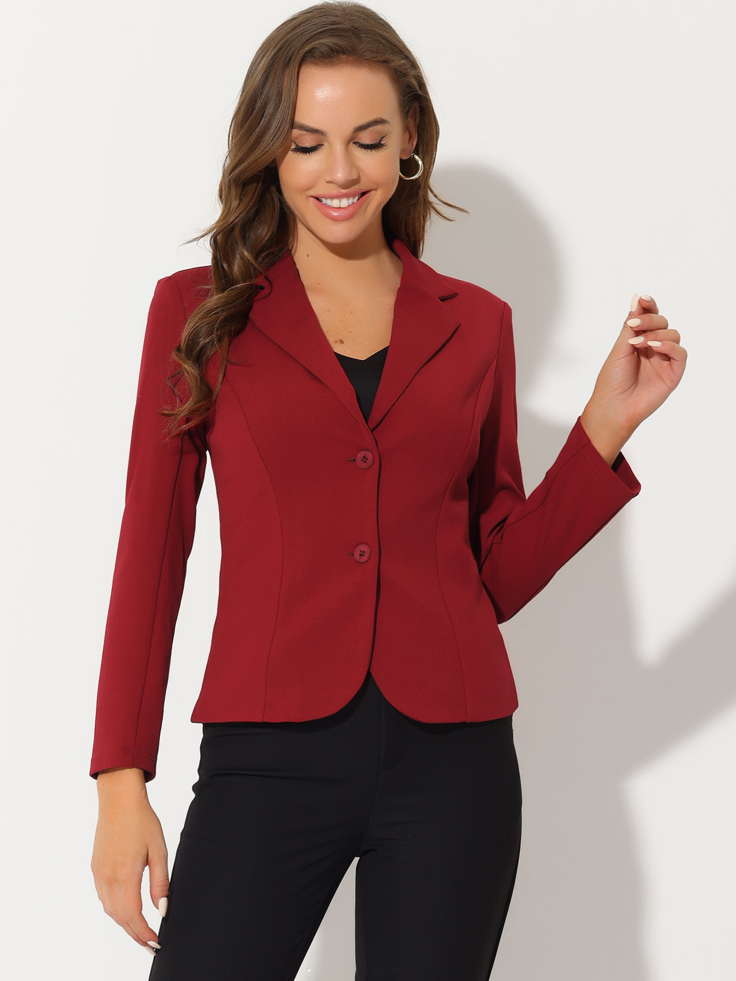 Stretch Notched Lapel Collar Work Office Jacket Blazer Burgundy/XS