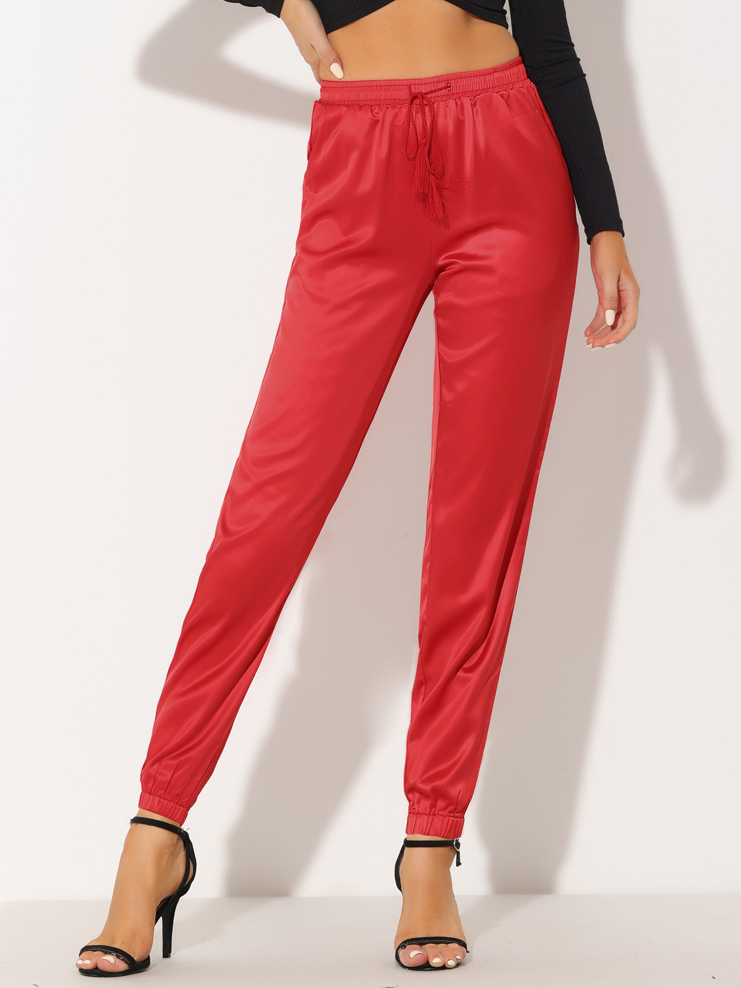 Drawstring Elastic Waist Athleisure Ankle Satin Joggers Red/M