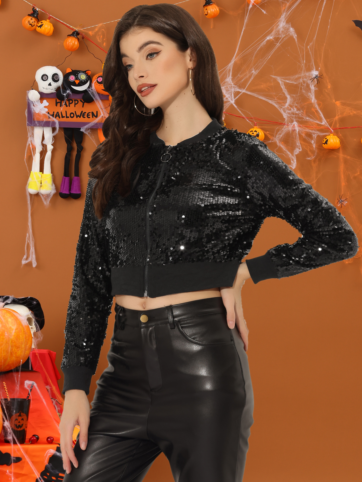 Sparkly Glitter Zipper Front Crop Sequin Bomber Jacket Black/XL