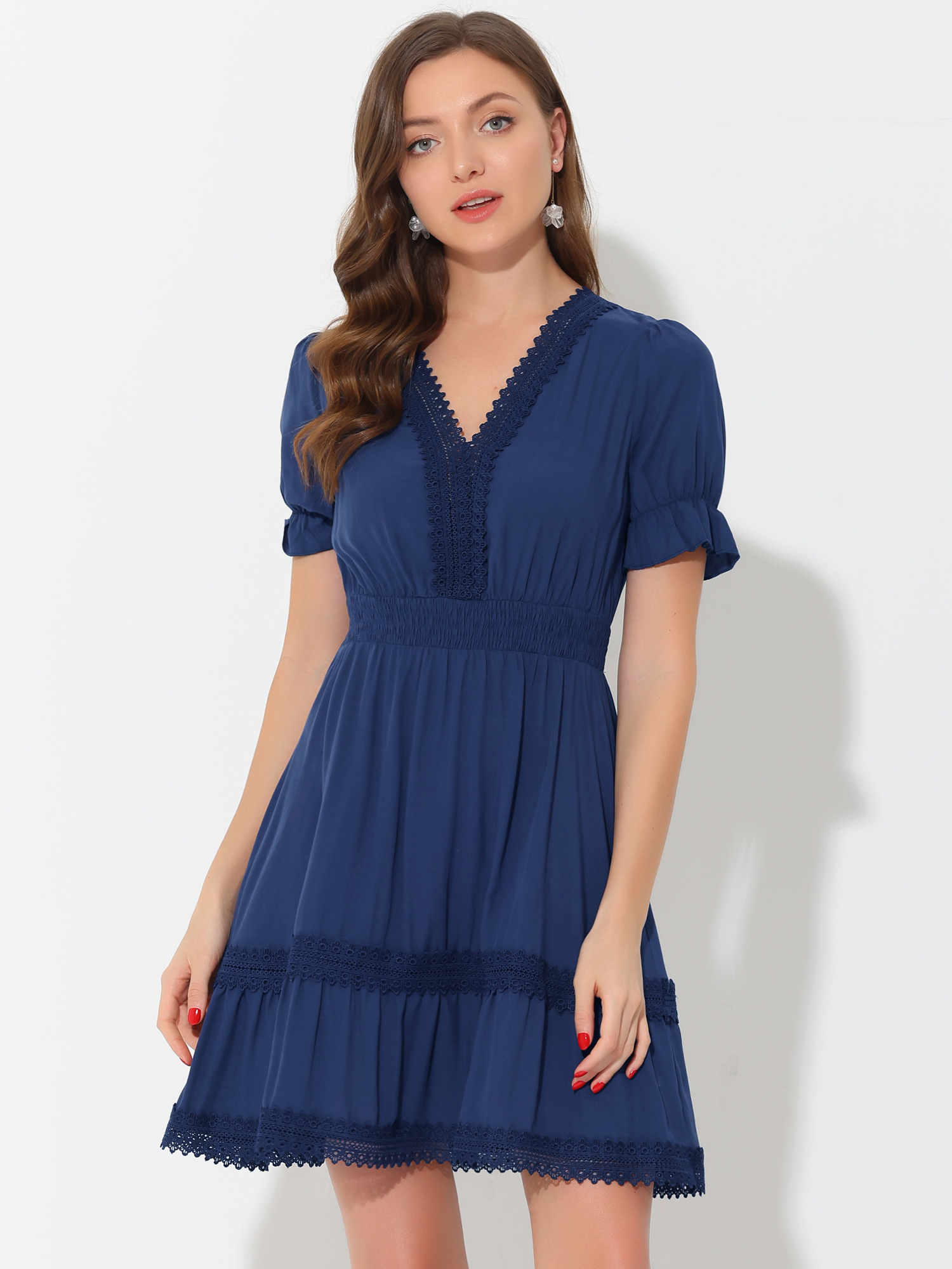 Boho Puff Sleeve V Neck Smocked Waist Ruffled Tiered Dress Dark Blue/XL