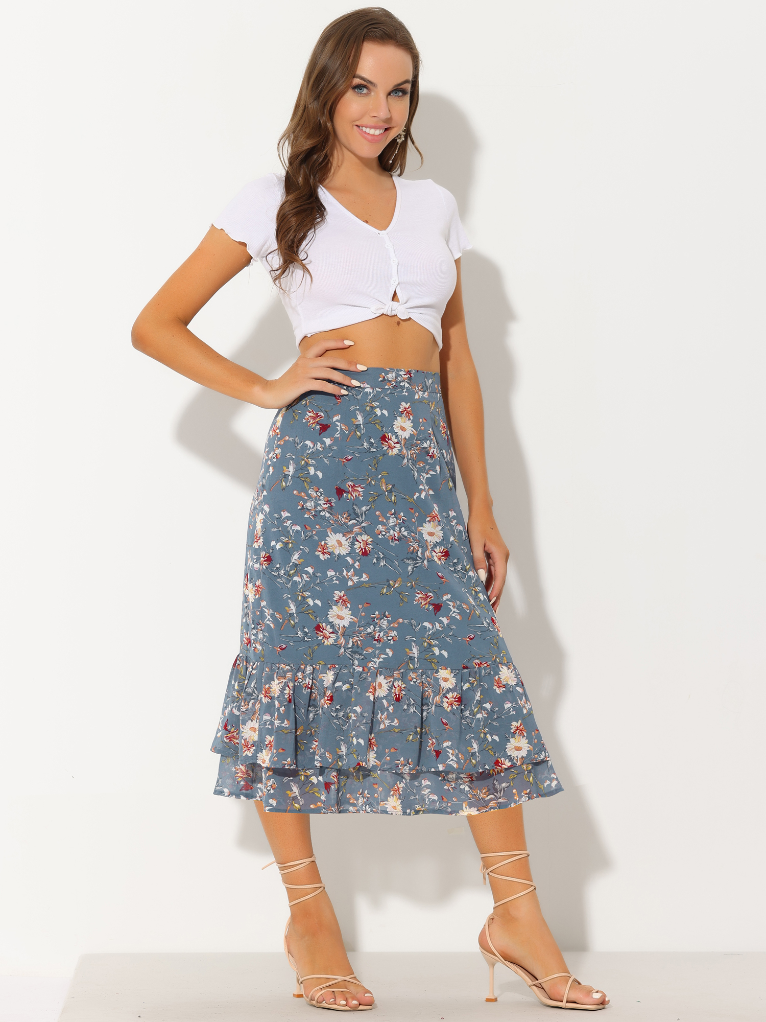 Printed Chiffon Elastic Waist Ruffle Tiered Flowy Midi Skirt Dusty Blue-Floral/XL