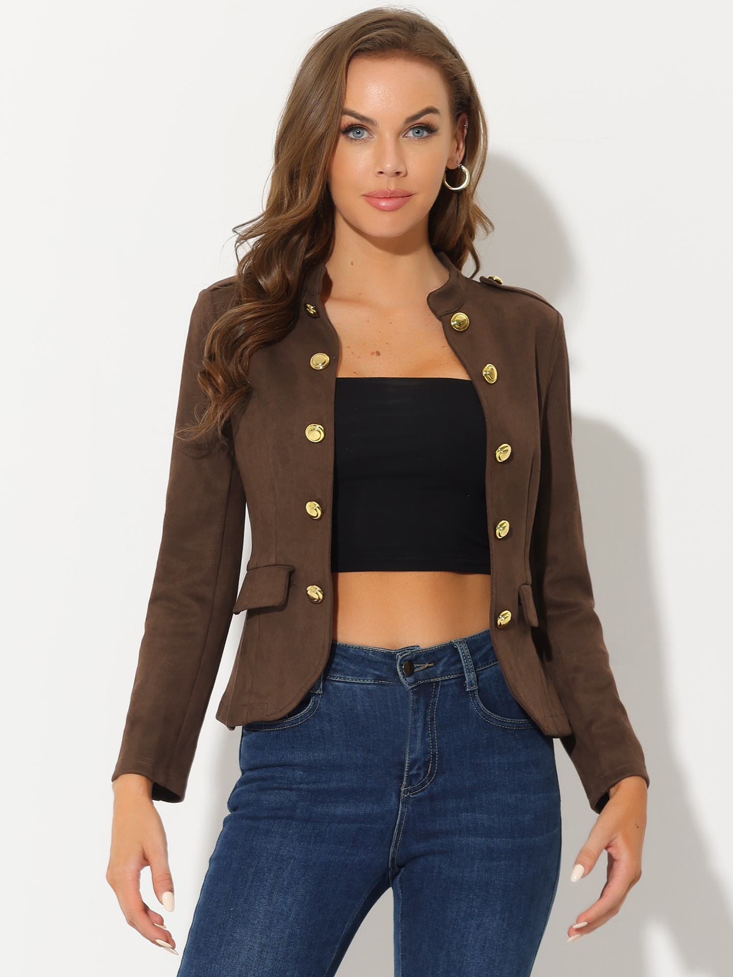 Vintage Open Front Steampunk Button Faux Suede Jacket Coffee/L