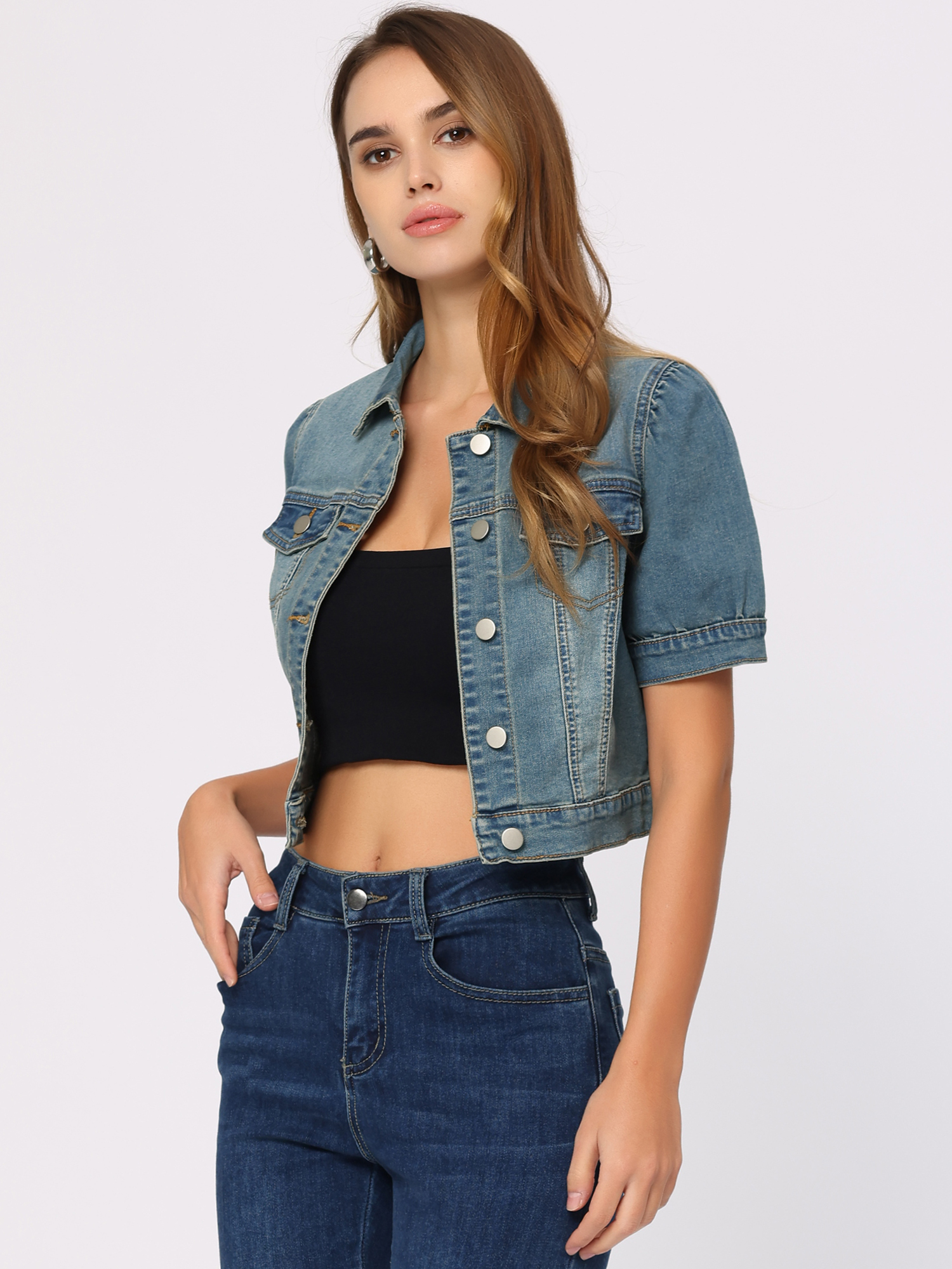 Casual Button-Down Puff Long Sleeve Crop Denim Jacket Blue/L