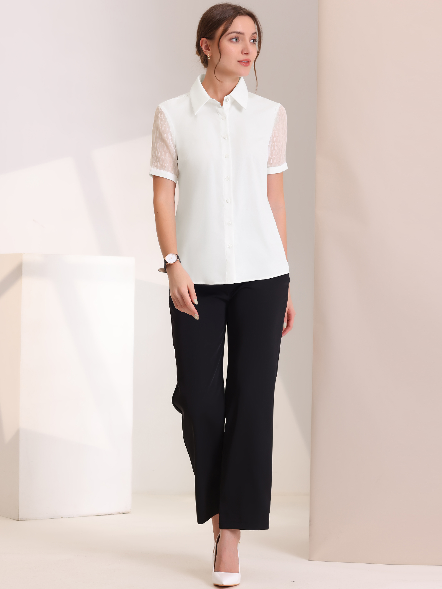 Button Down Shirt Sheer Short Sleeve Point Collar Work Tops White/L