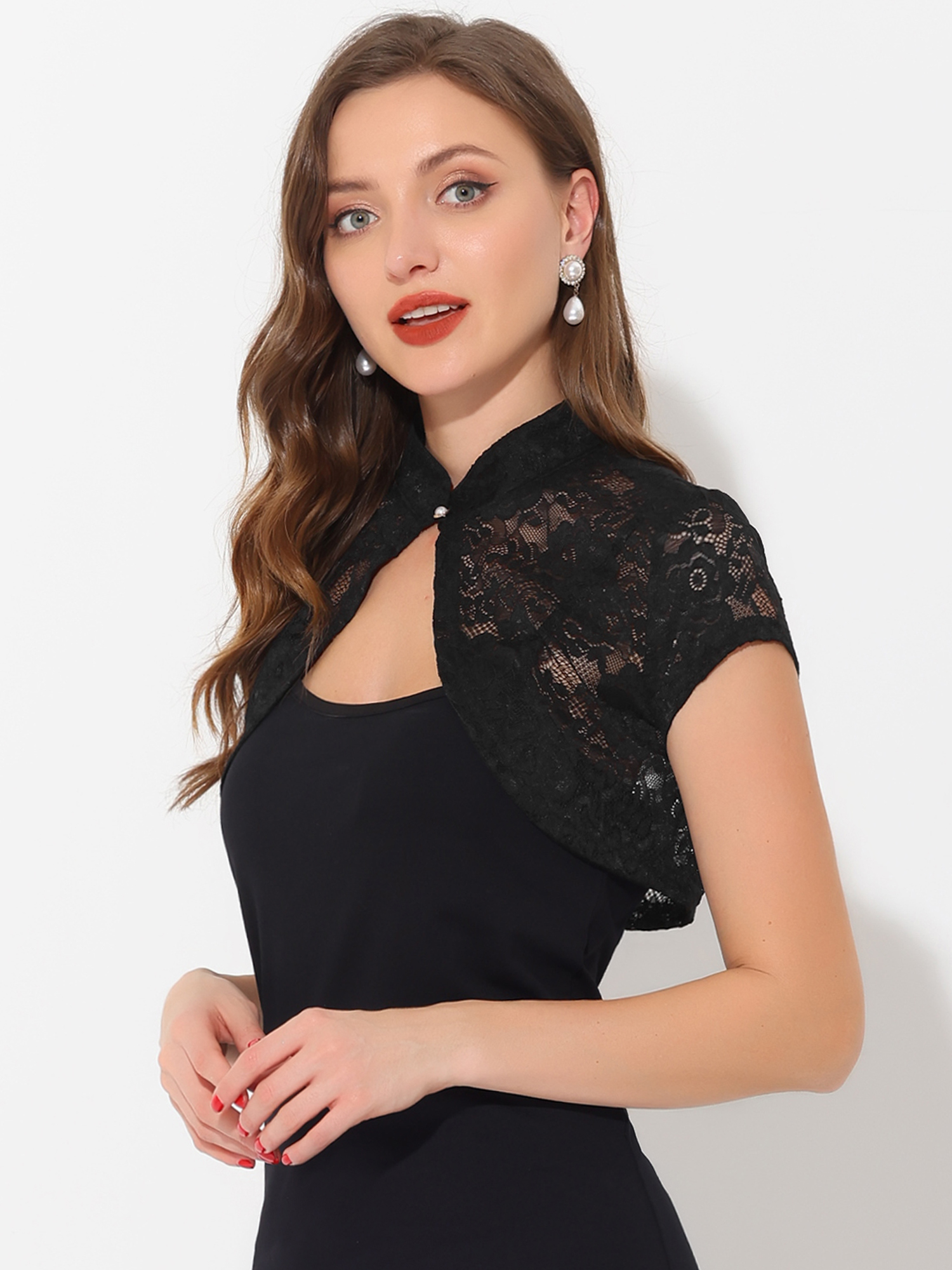 Lace Cardigan Stand Collar Short Elegant Shrug Black/M