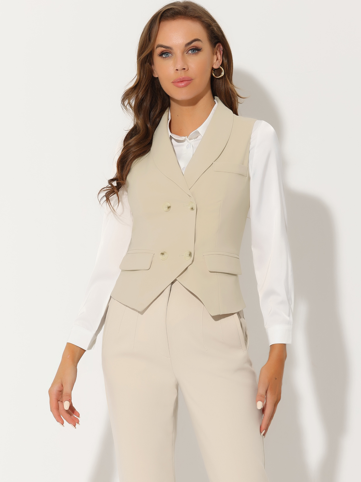 Lapel Collar Dressy Versatile Racerback Suit Vest Waistcoat Beige/M