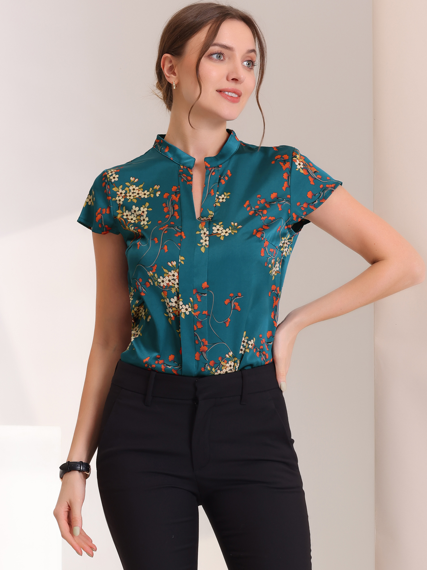Satin Work Floral Vintage Stand Collar Cap Sleeve Blouse Navy Blue/S