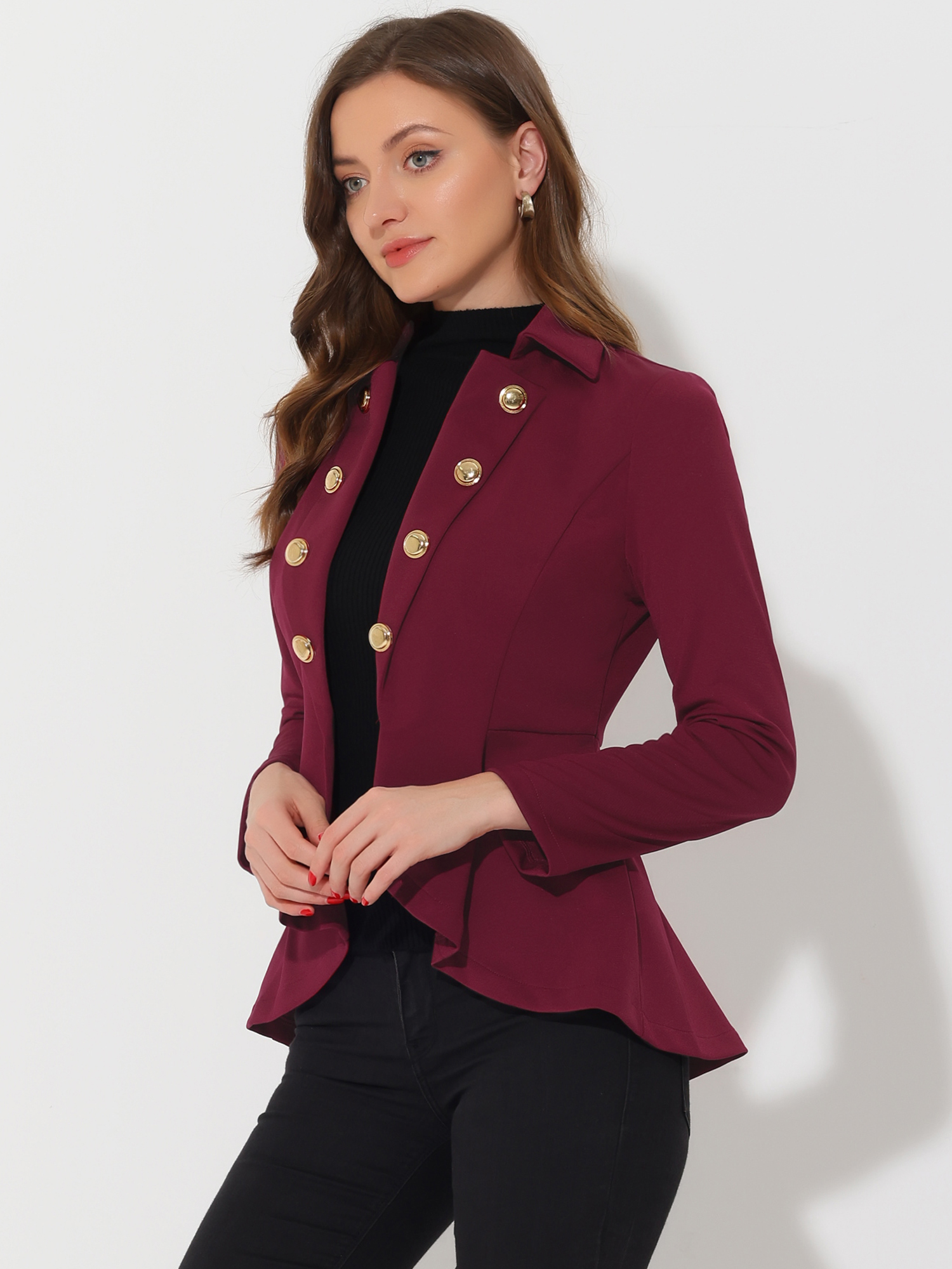 Steampunk High Low Hem Long Sleeve Peplum Jacket Burgundy/S