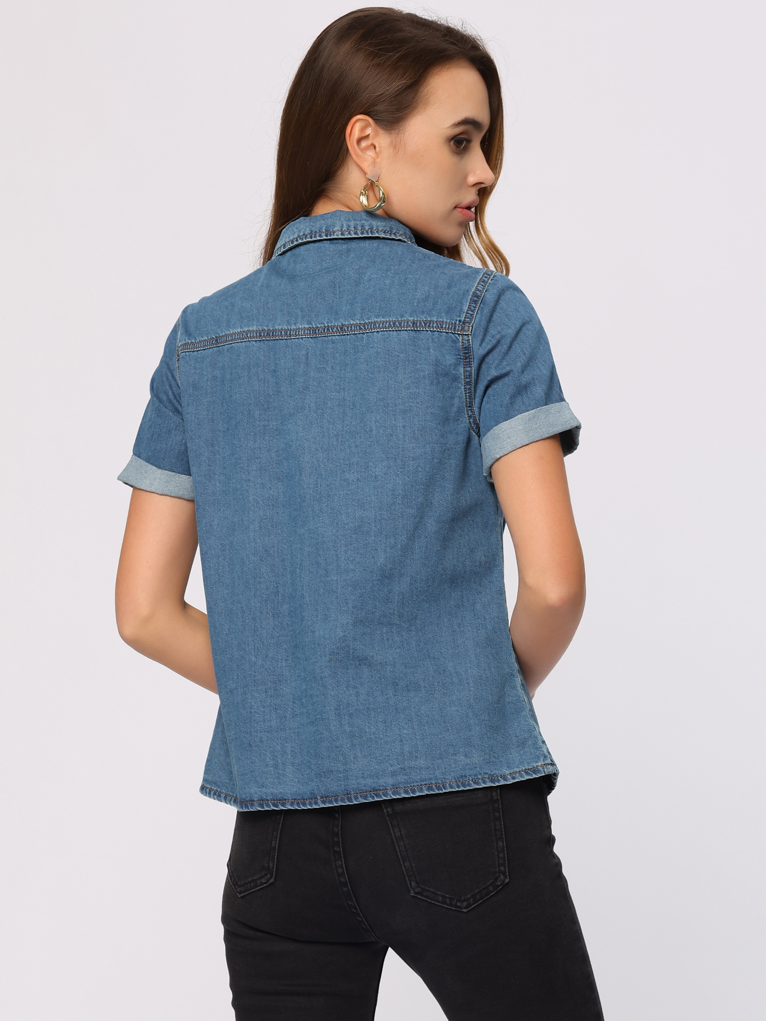 Button Up Collared Short Sleeve Pocket Classic Denim Shirt Blue/S