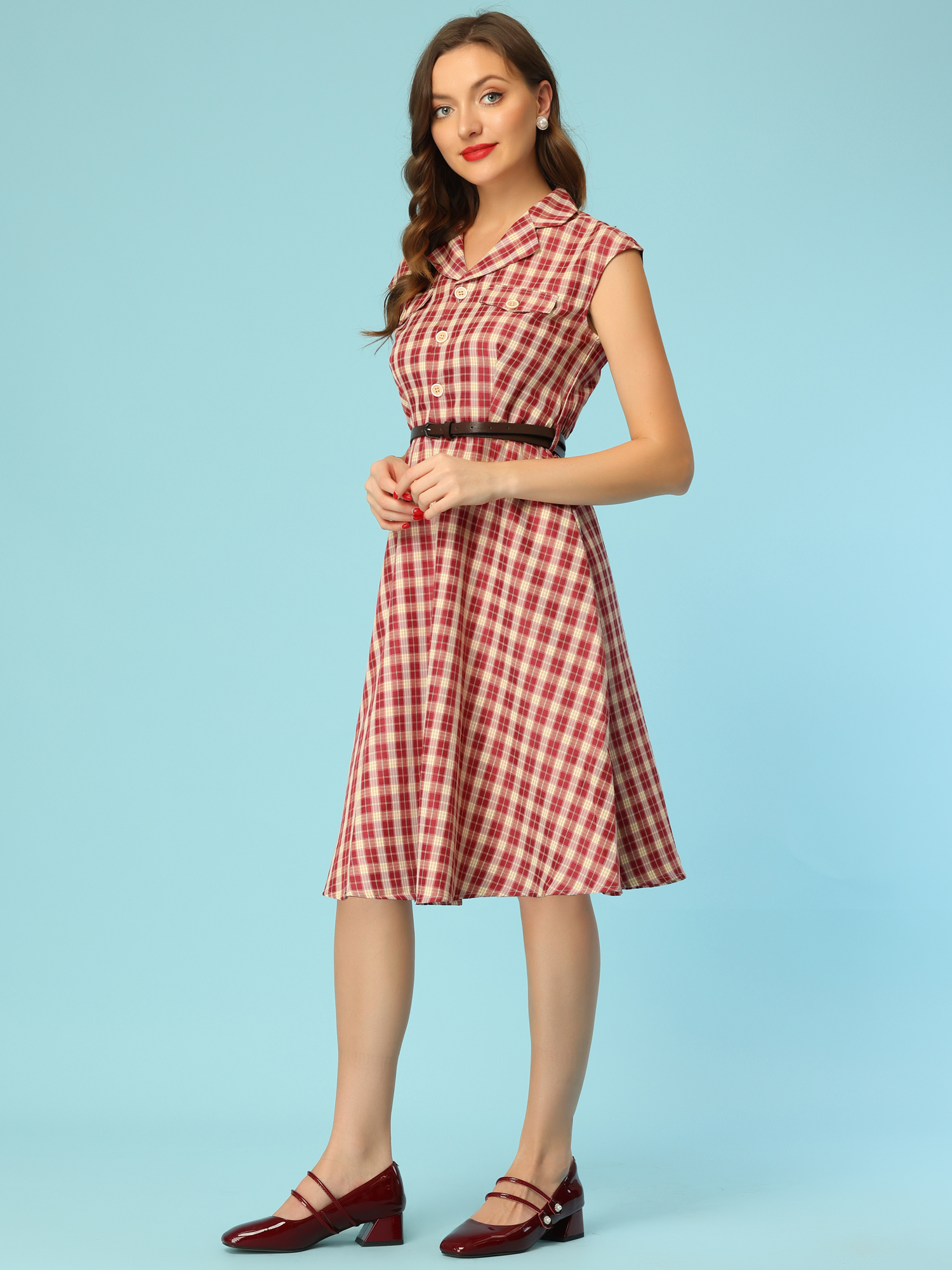 Button Front Retro Cap Sleeve Belted Waist Plaid Dress Red/S