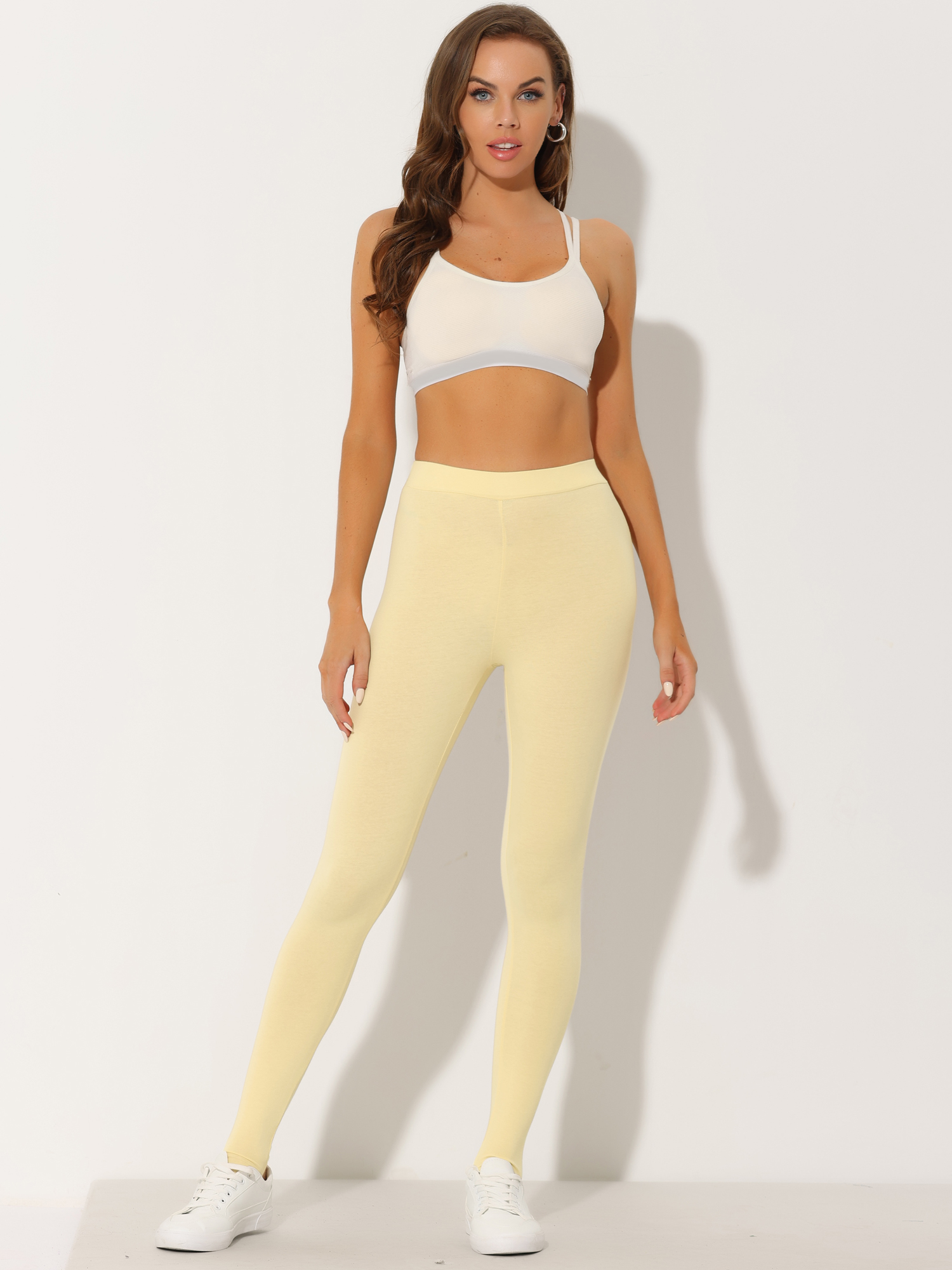 Elastic Waistband Gym Yoga Soft Cotton Stirrup Leggings Yellow/XS