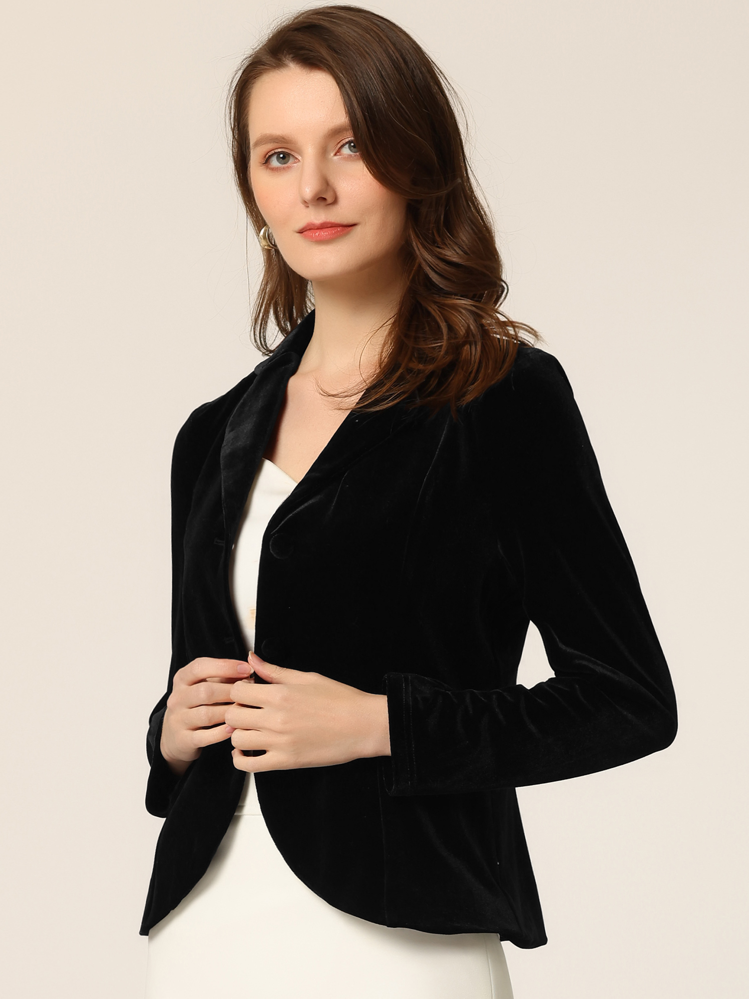 Notched Lapel Long Sleeve Office Business Button Velvet Blazer Black/XS