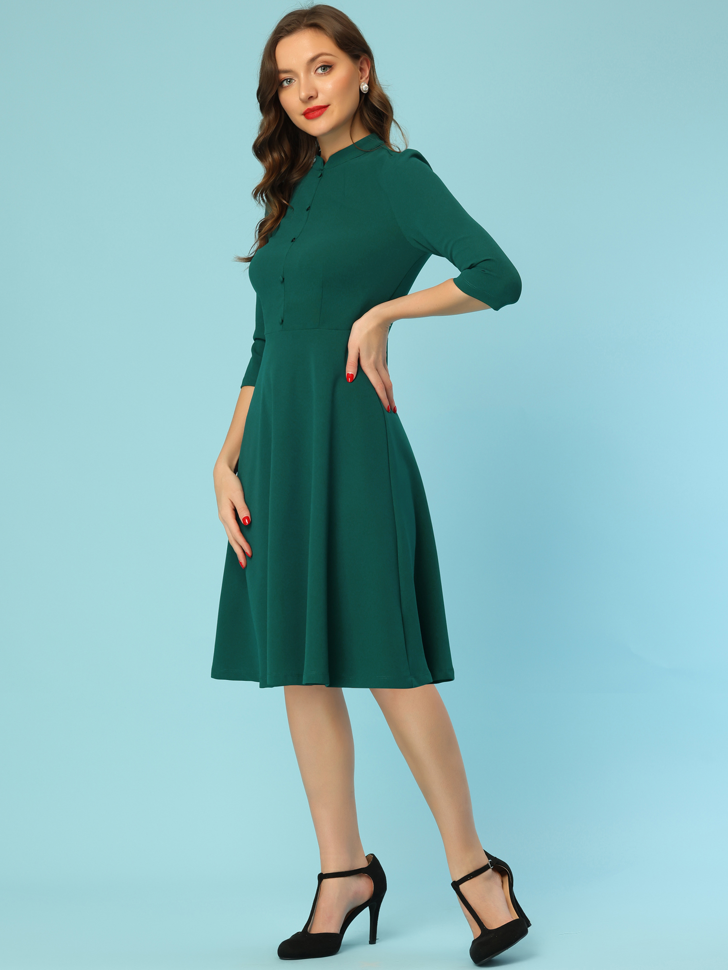 Retro 3/4 Sleeve Stand Collar Office Work Elegant A-Line Dress Dark Green/XS
