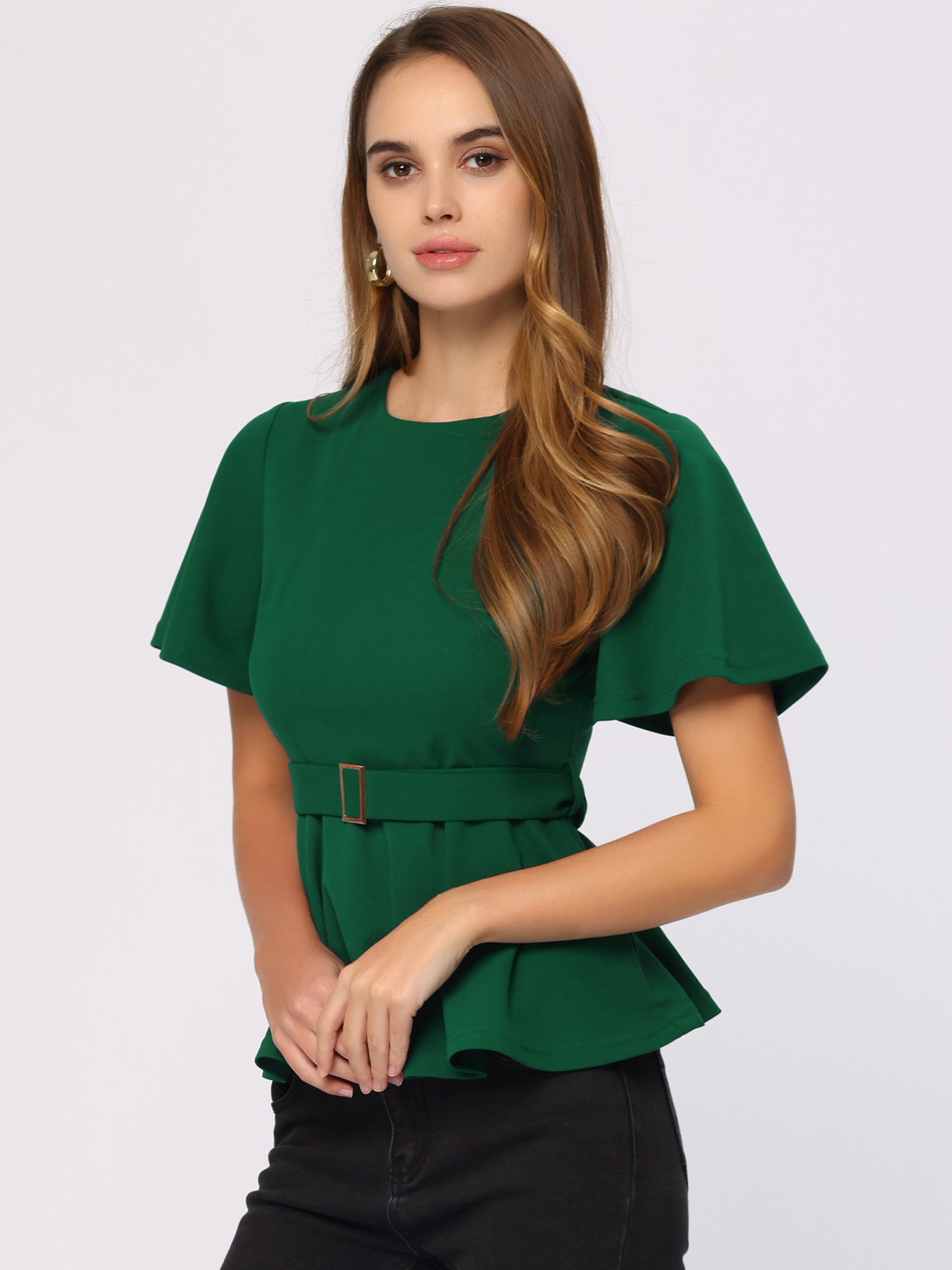 Peplum Round Neck Bell Sleeve Belted Waist Office Blouse Green/XL