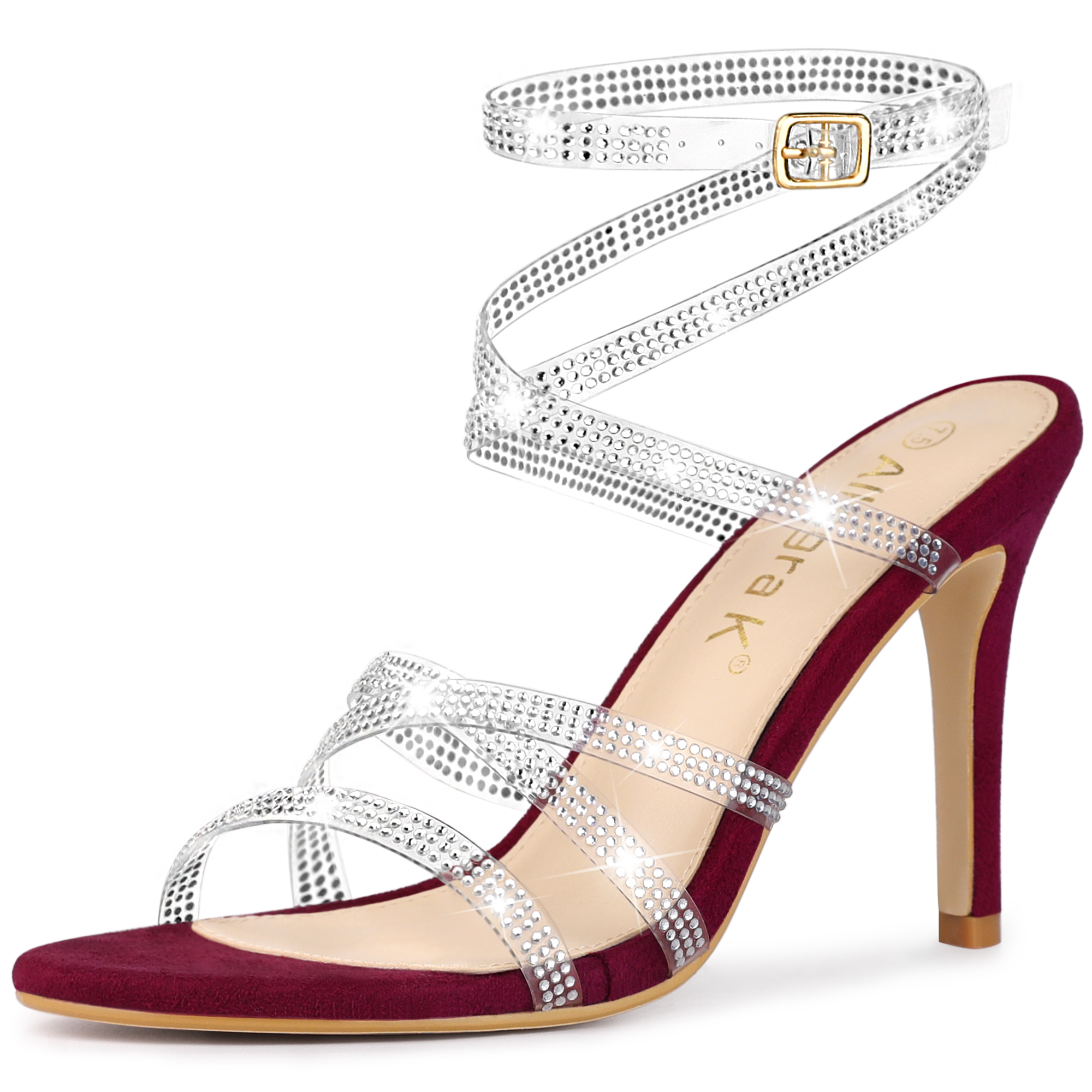 Women's Rhinestone Strappy Ankle Strap Stiletto Heels Sandals Burgundy/9