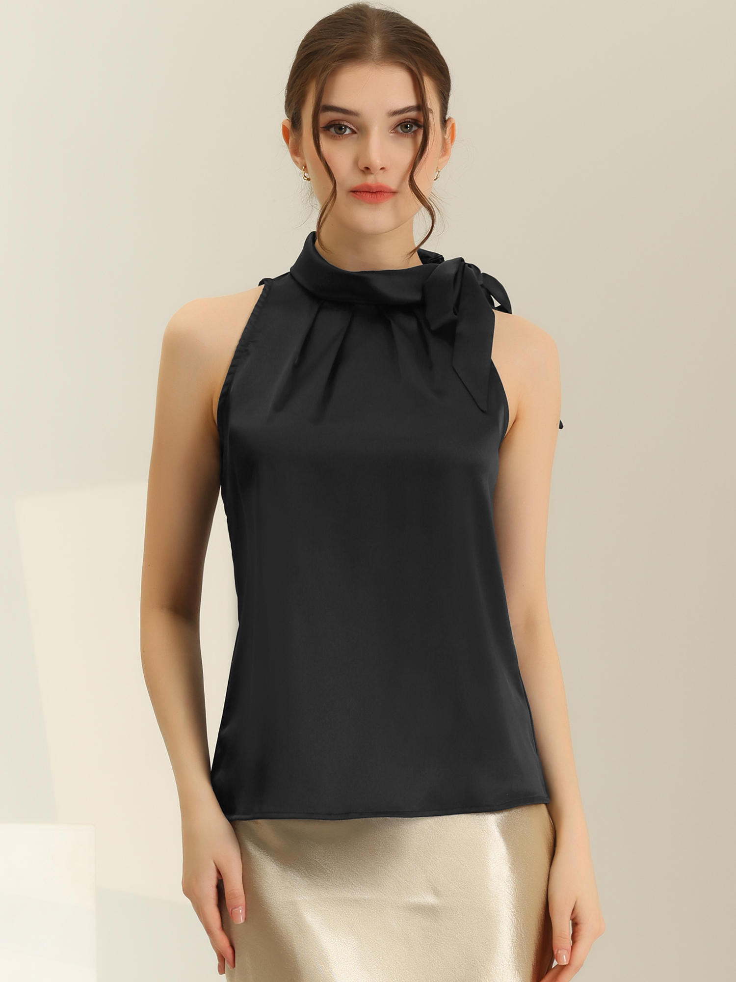 Elegant Satin Sleeveless Tie Knot Mock Neck Solid Work Blouse Top Black/XS
