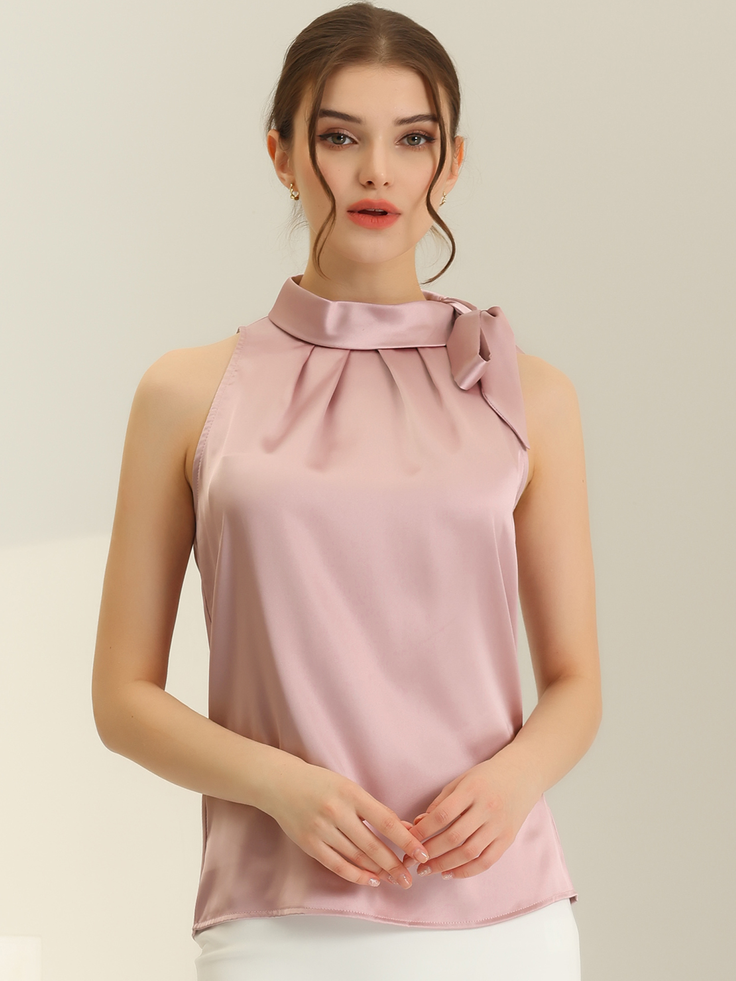 Elegant Satin Sleeveless Tie Knot Mock Neck Solid Work Blouse Top Pink/XL