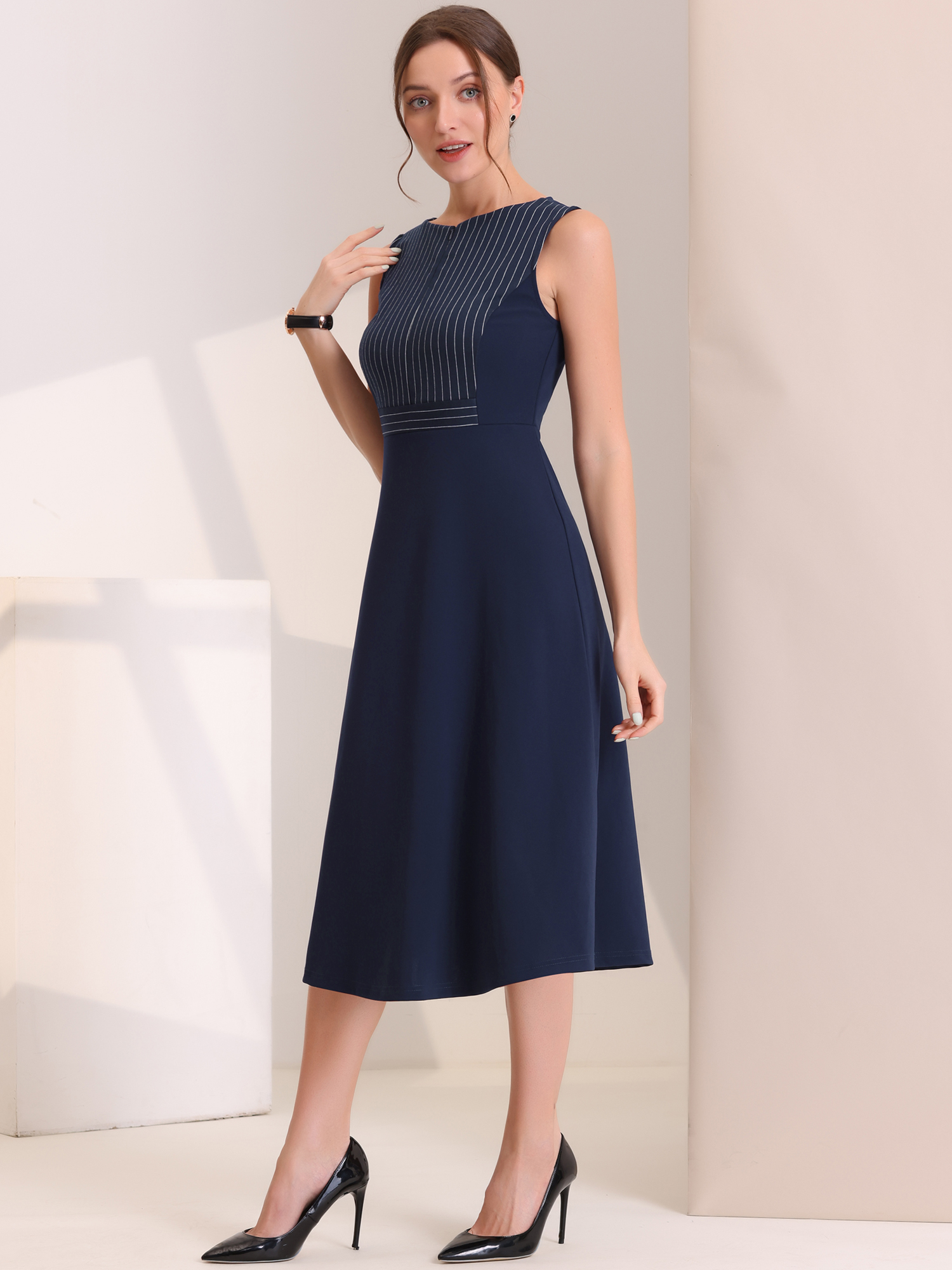 Striped Crew Neck Sleeveless A-Line Midi Work Office Dress Dark Blue/M