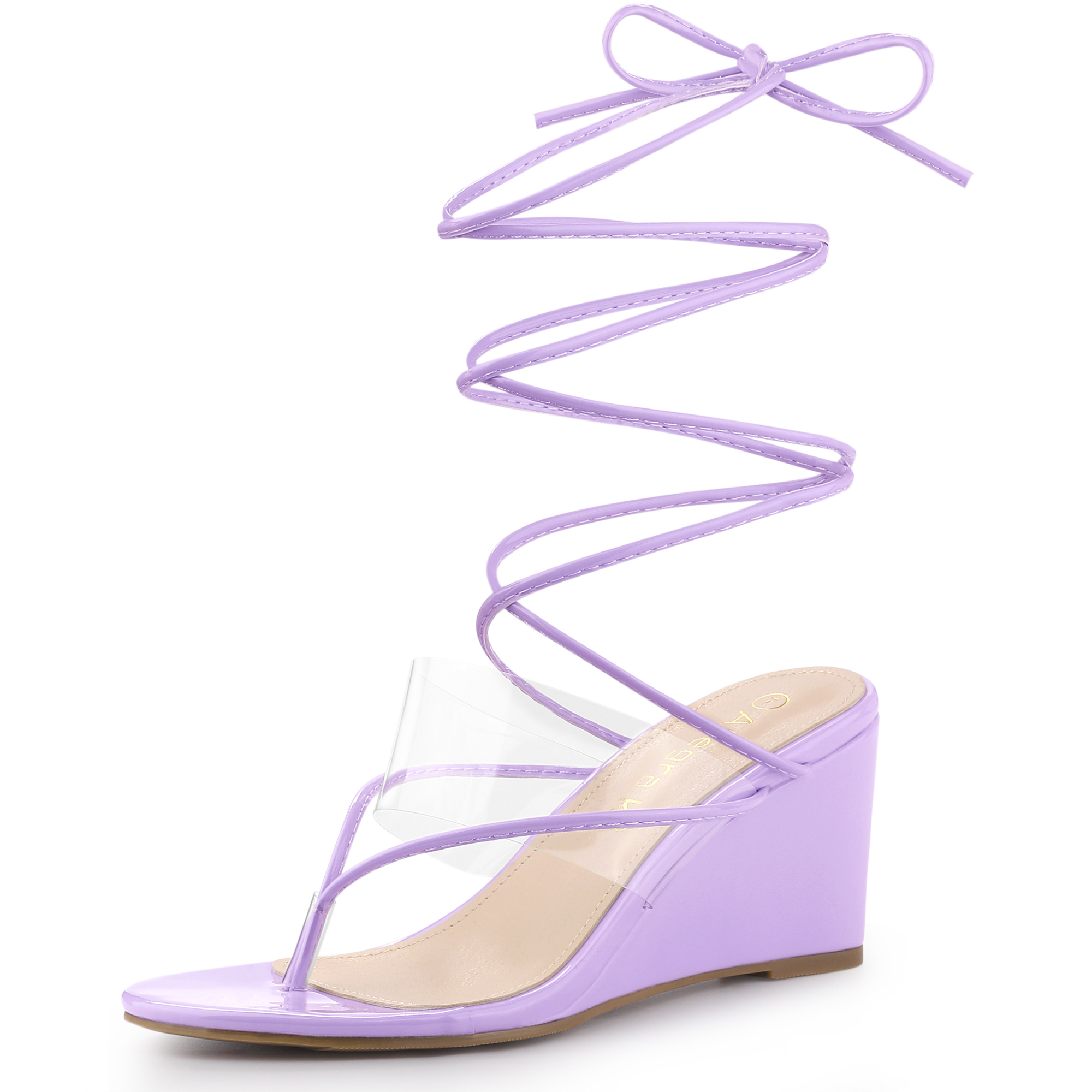 Women's Lace Up Clear Strap Flip Flops Wedge Sandals Lavender/9.5