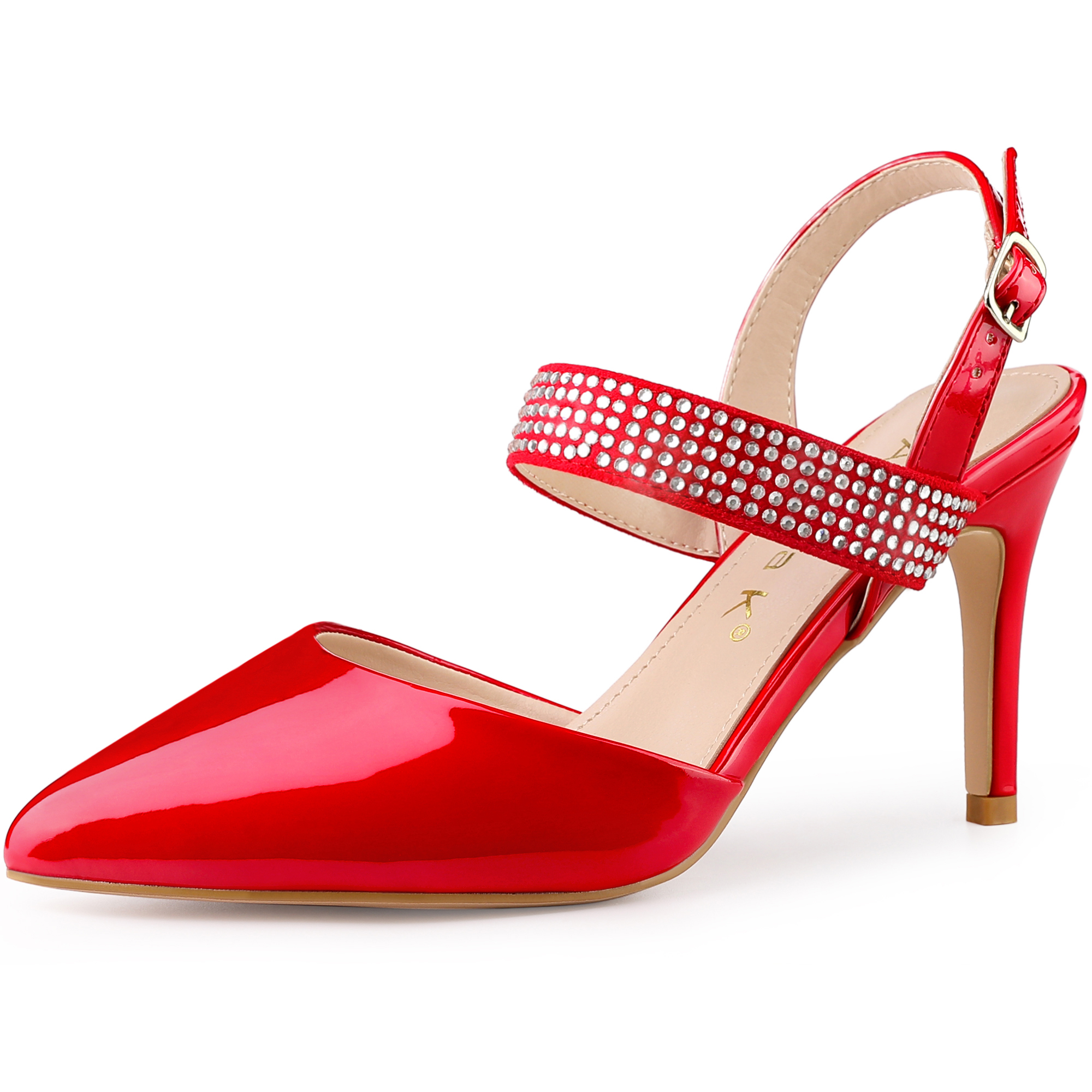 Women's Rhinestone Strap Pointed Toe Stiletto High Heel Sandal Pumps Red/6