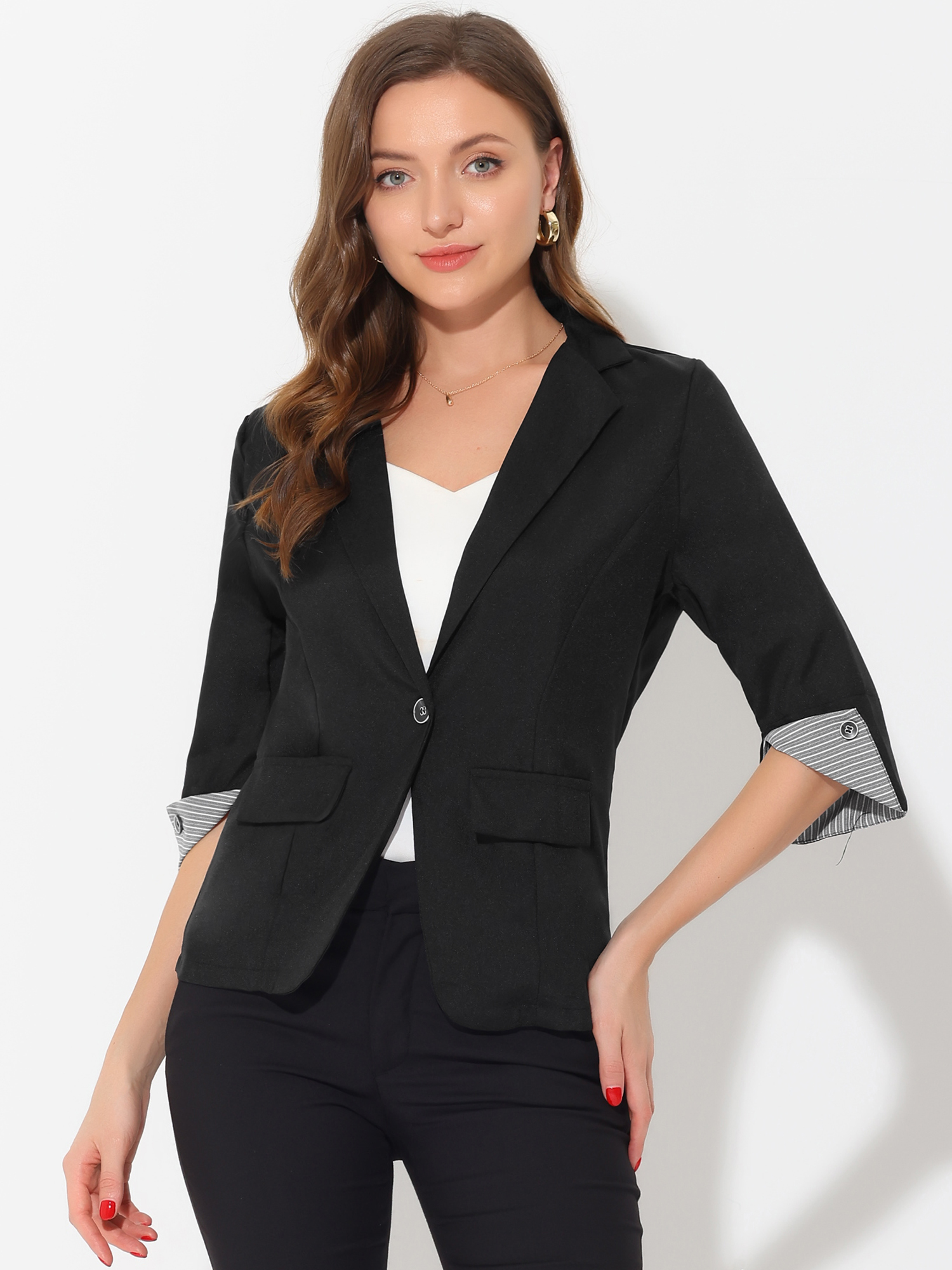 Notched Lapel Collar 3/4 Sleeve Button Work Formal Blazer Black/XS