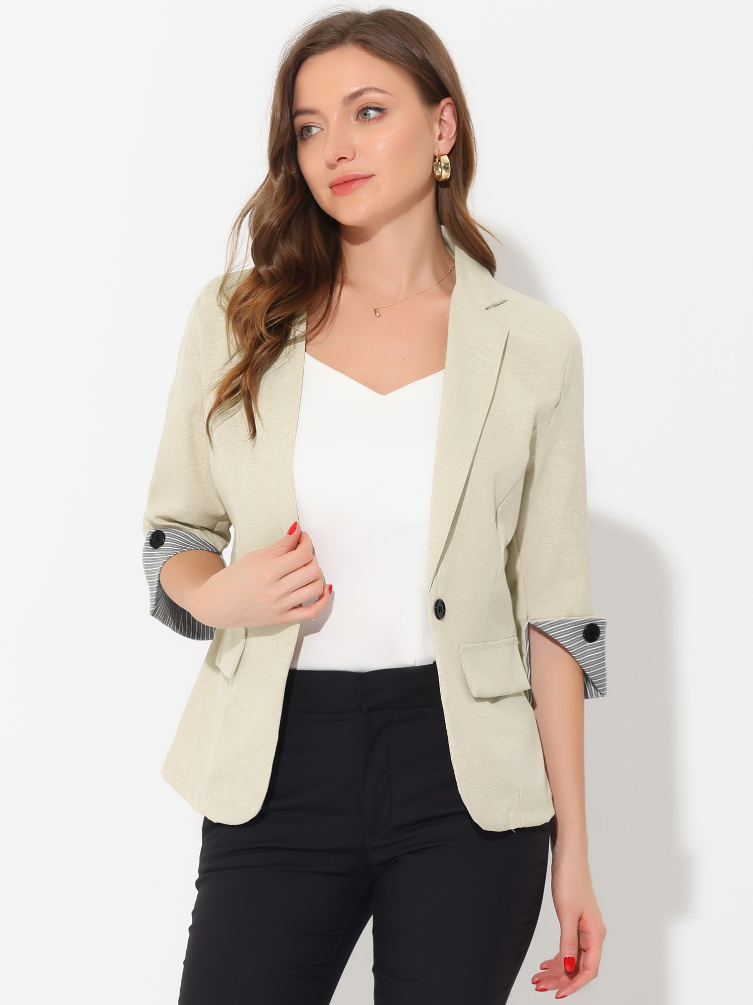 Notched Lapel Collar 3/4 Sleeve Button Work Formal Blazer Beige/S