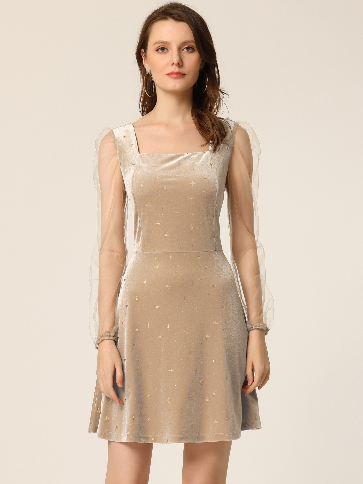 Sheer Puff Sleeve Square Neck Glitter Metallic Star Velvet Mini Dress Dark Khaki/L