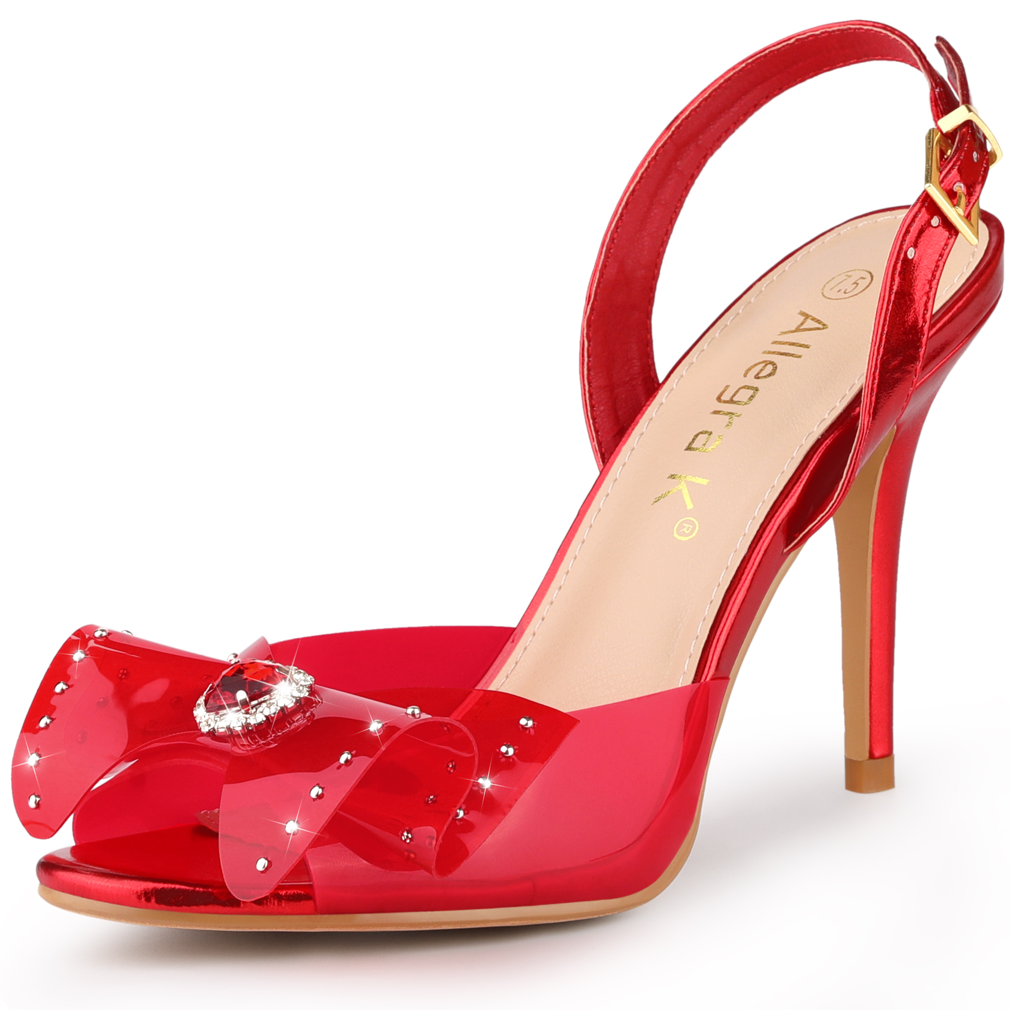 Women's Bow Rhinestone Peep Toe Slingback Stiletto Heels Sandals Clear Red/7.5