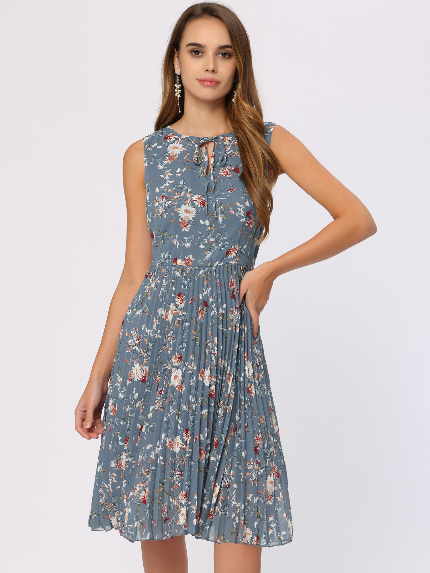 Floral A-Line Knee Length Sleeveless Pleated Midi Dress Blue Grey/S