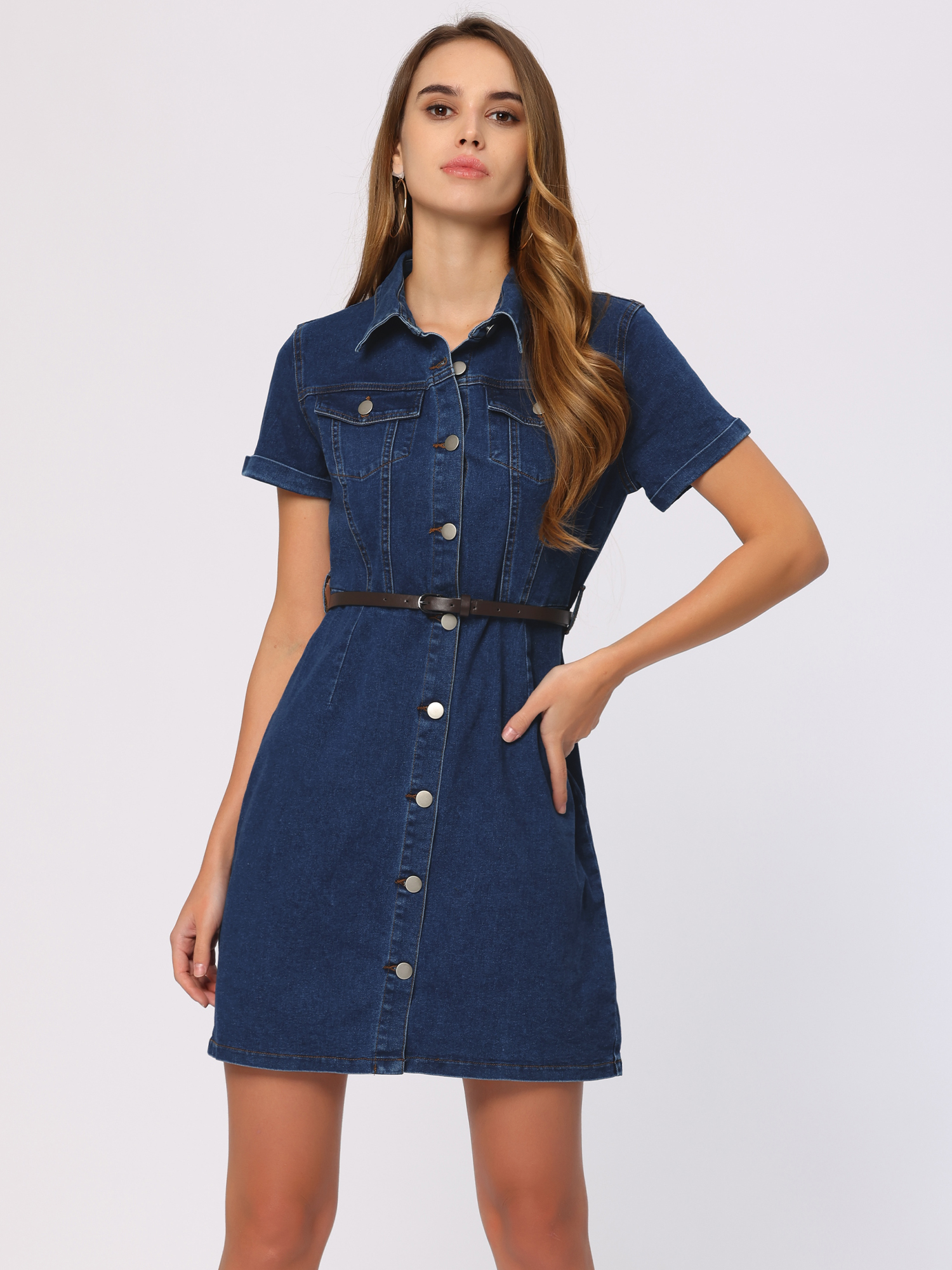 Denim Lapel Short Sleeve Belted Button Up Shirt Dress Blue/XL