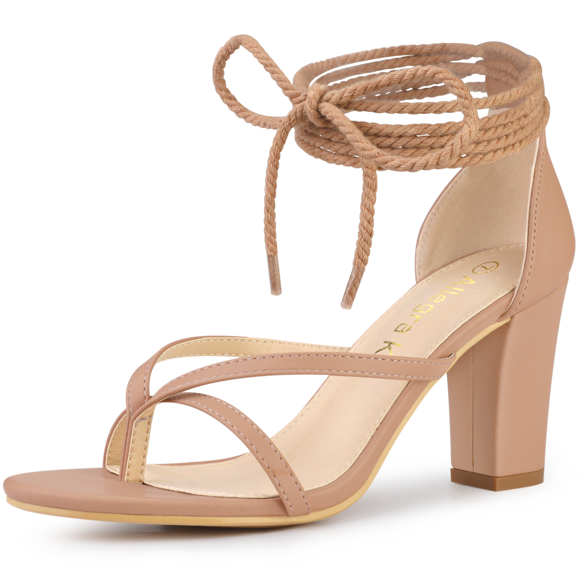 Open Toe Flip Flops Chunky Heel Lace Up Sandals Nude/8.5