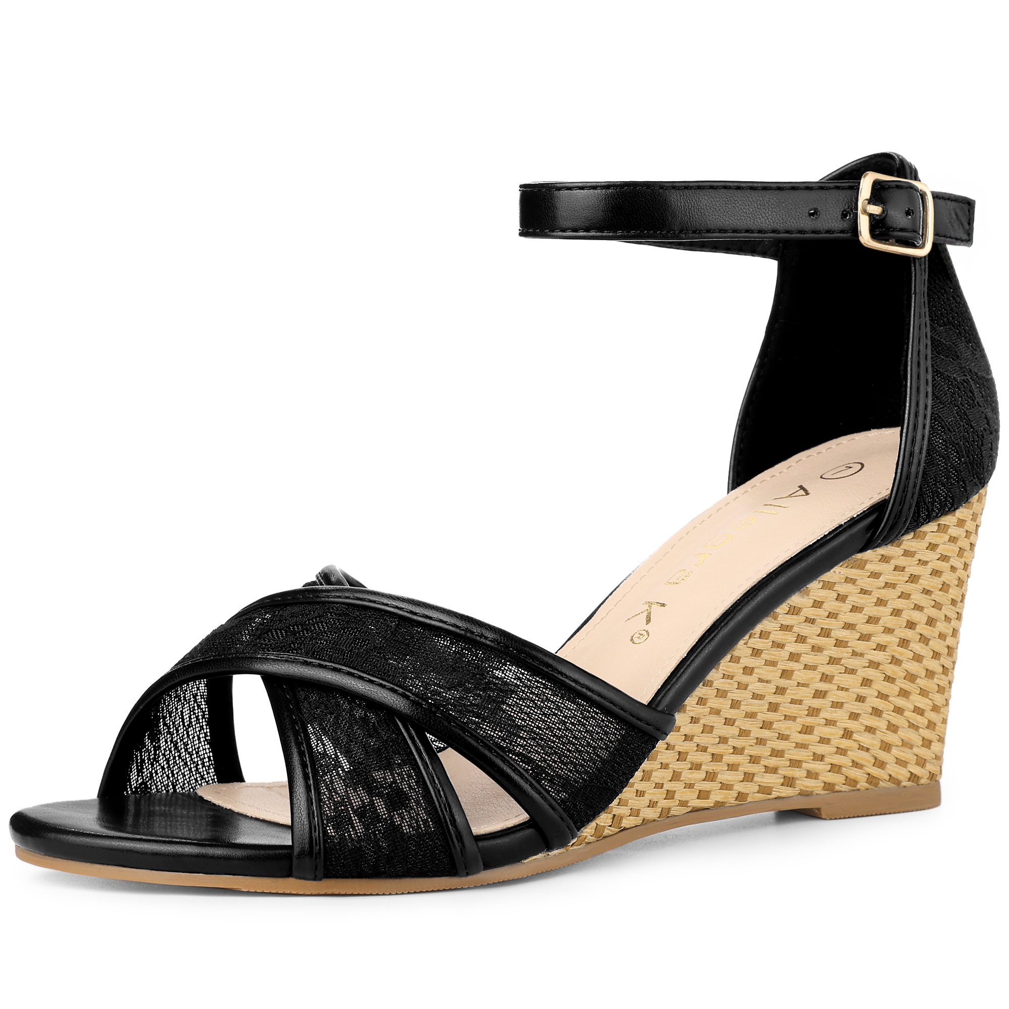 Elegant Open Toe Floral Lace Mesh Wedge Heel Sandals Black/8.5