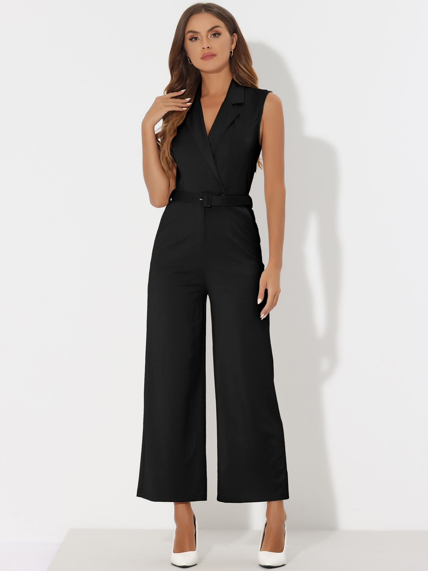 Sleeveless Button Front Closure Long Leg Pocket Belted Jumpsuits Black/XL