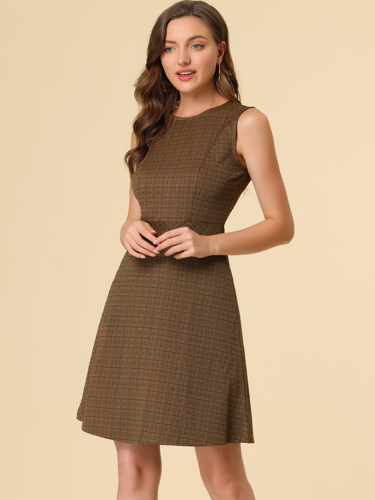Plaid Sleeveless Fit and Flare Houndstooth Work Dress Brown/XL