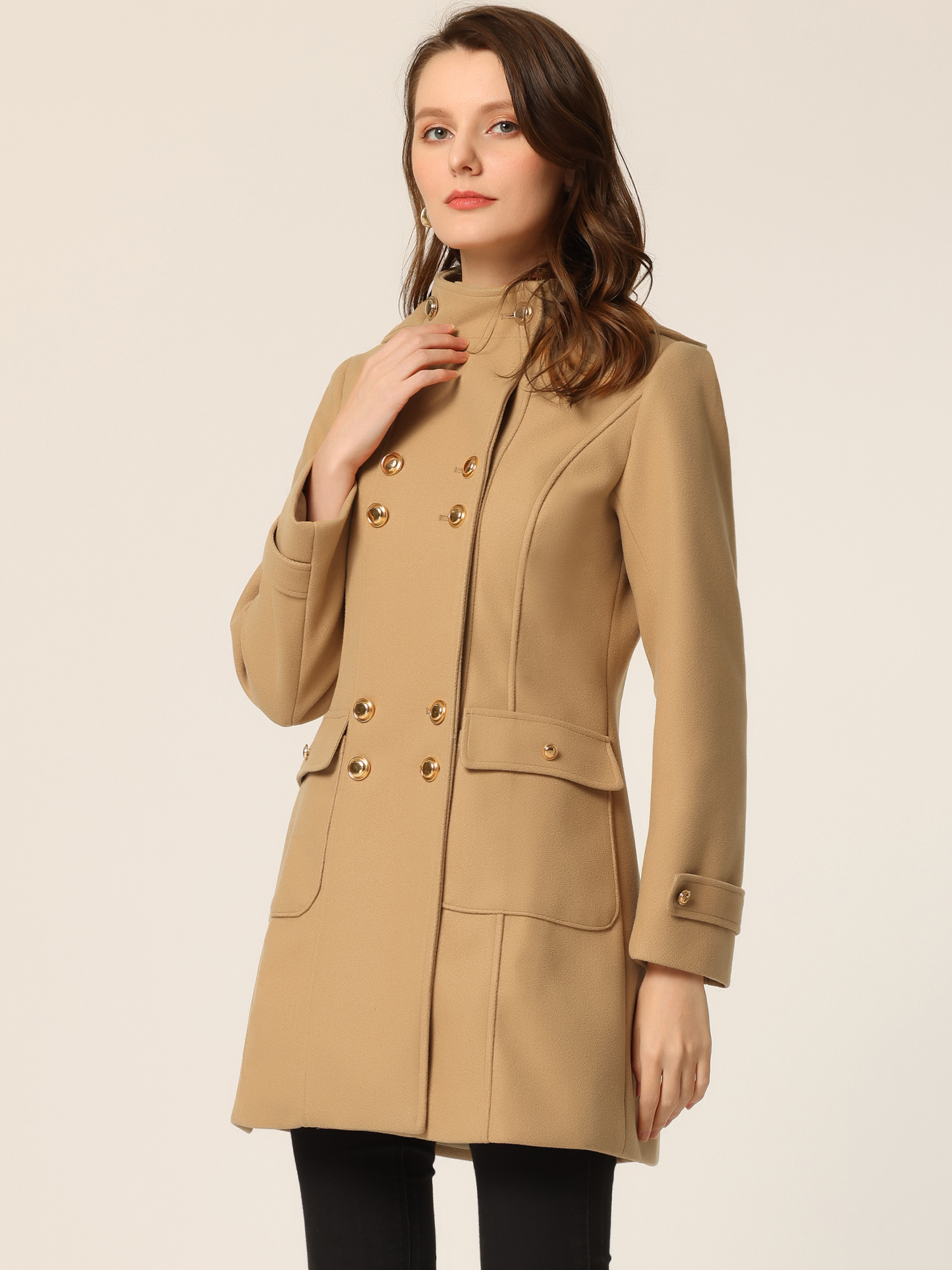 Stand Collar Double Breasted Hoodie Outerwear Winter Coat Khaki/M