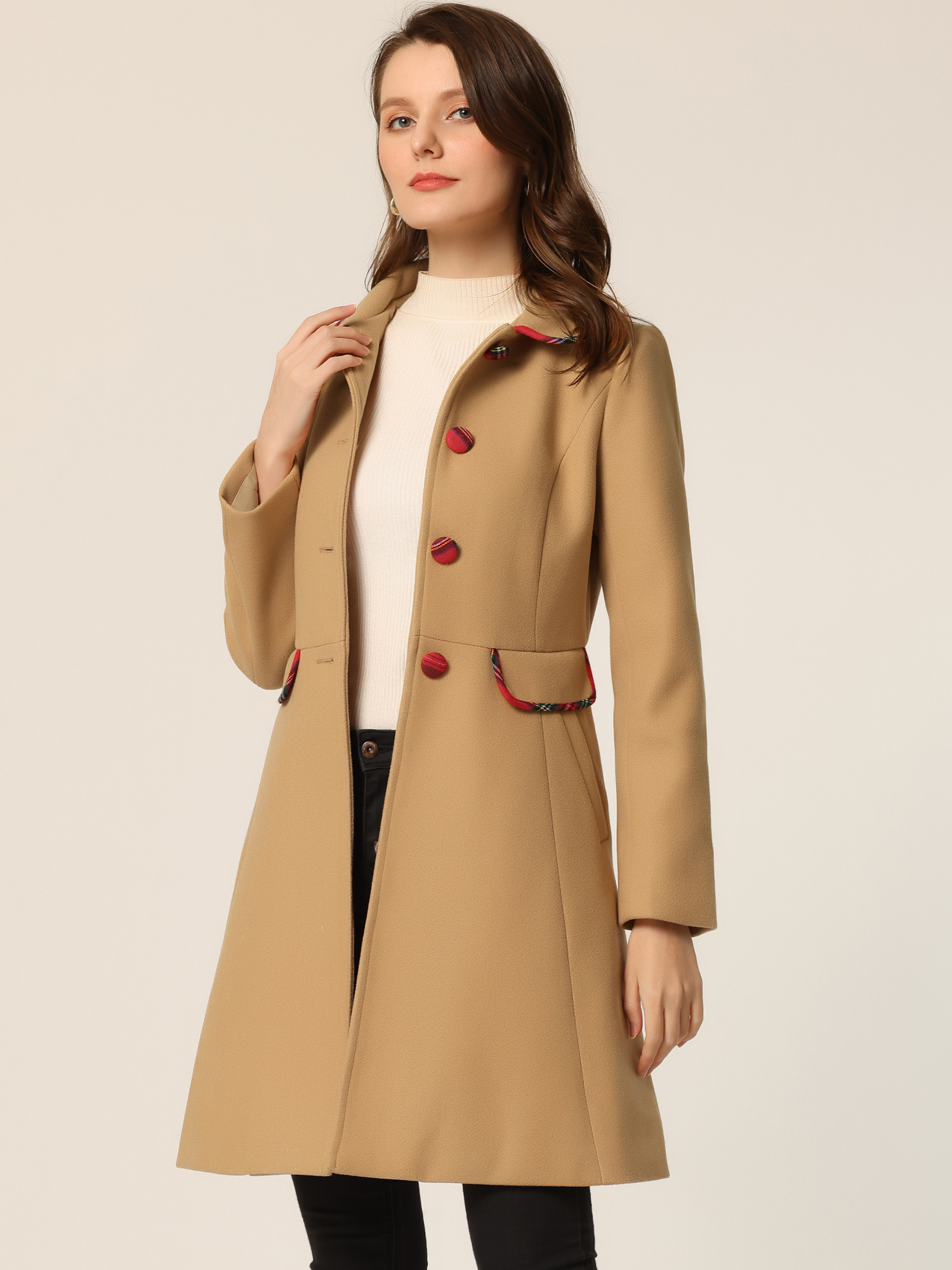 Peter Pan Collar Contrast Trim Single Breasted Winter Coat Khaki/M