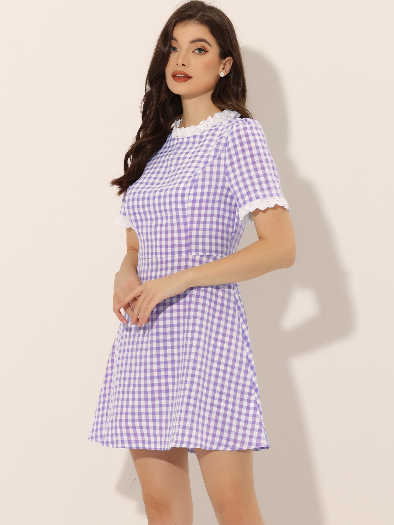 Summer Ruffle Neck Lace Panel Short Sleeve Check Gingham Dress Purple/S