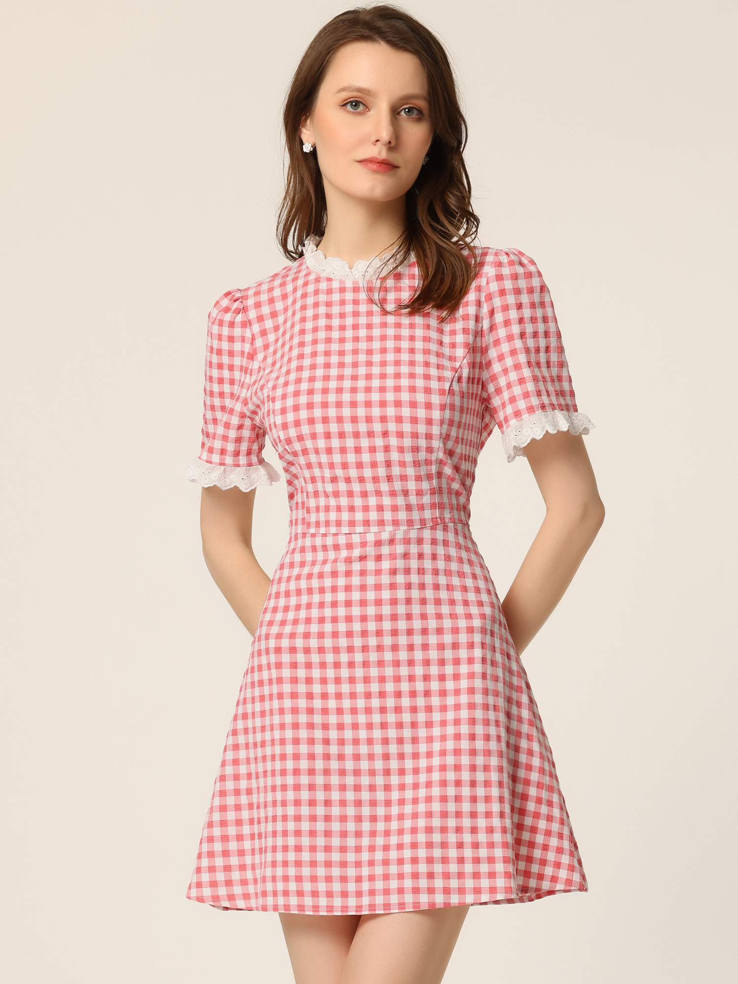 Summer Ruffle Neck Lace Panel Short Sleeve Check Gingham Dress Pink/S