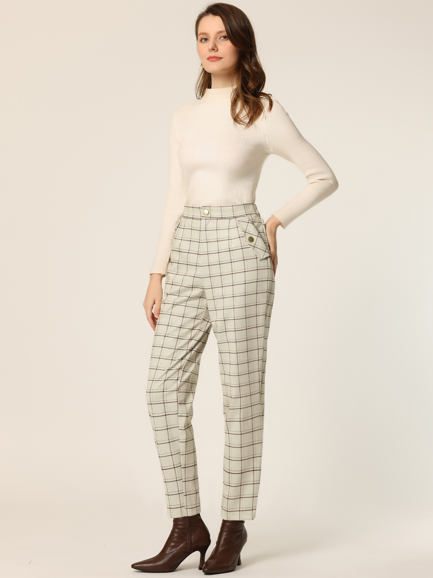 Vintage Tartan Plaid Pants Elastic Waist Straight Long Trousers Beige/XS