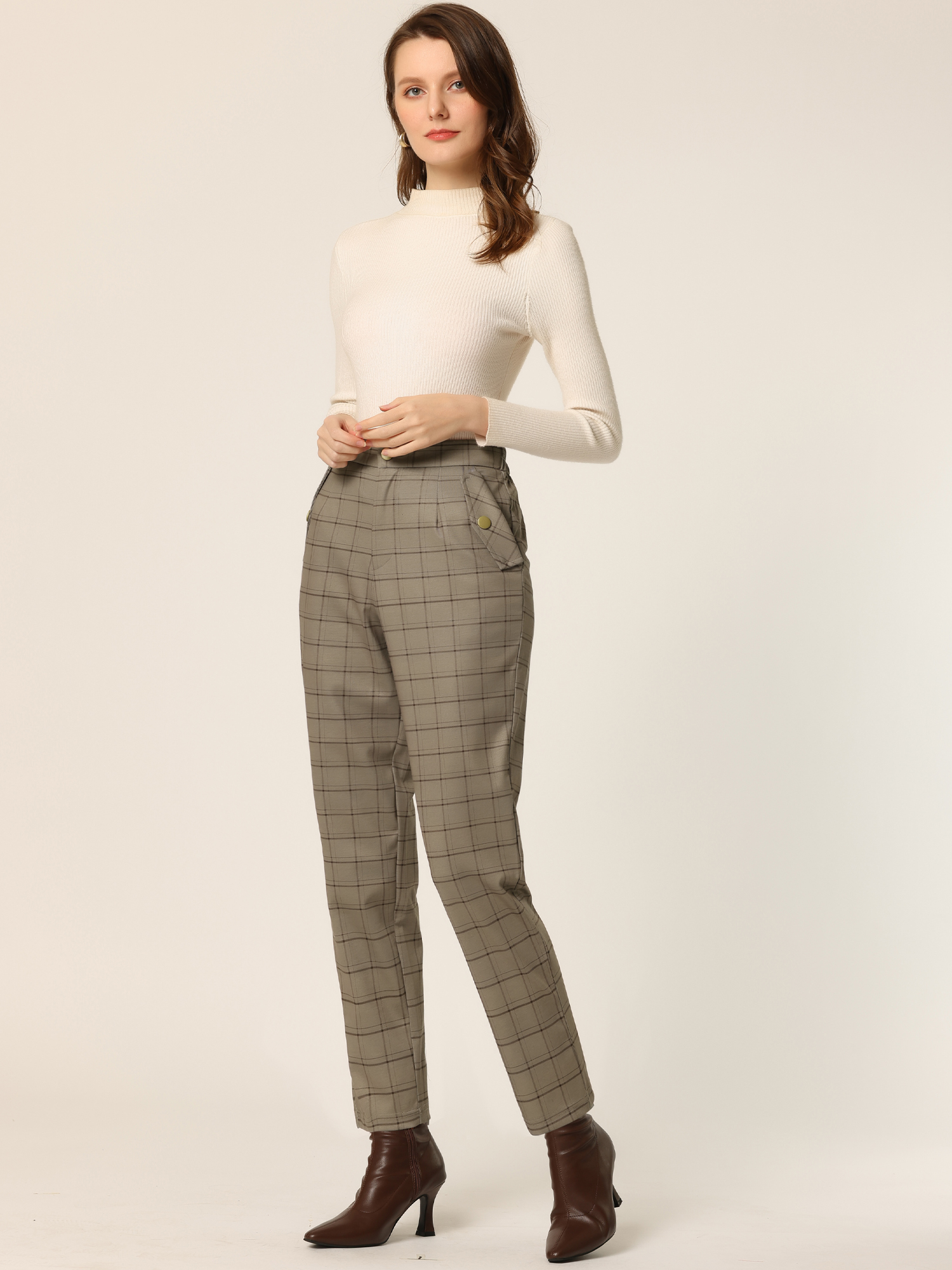 Vintage Tartan Plaid Pants Elastic Waist Straight Long Trousers Camel/XL