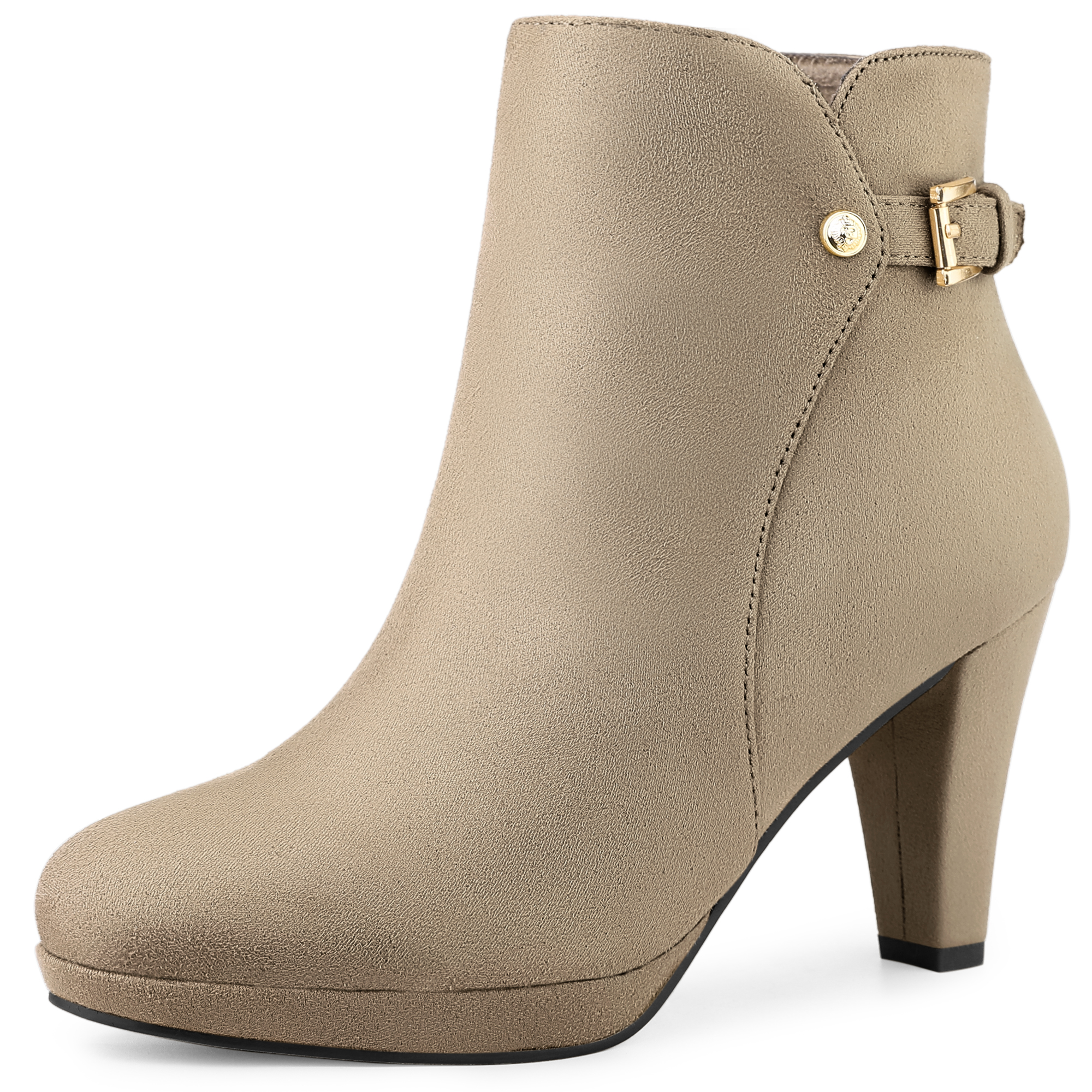 Women's Low Platform Side Zip Buckle Chunky High Heel Ankle Booties Nude/9