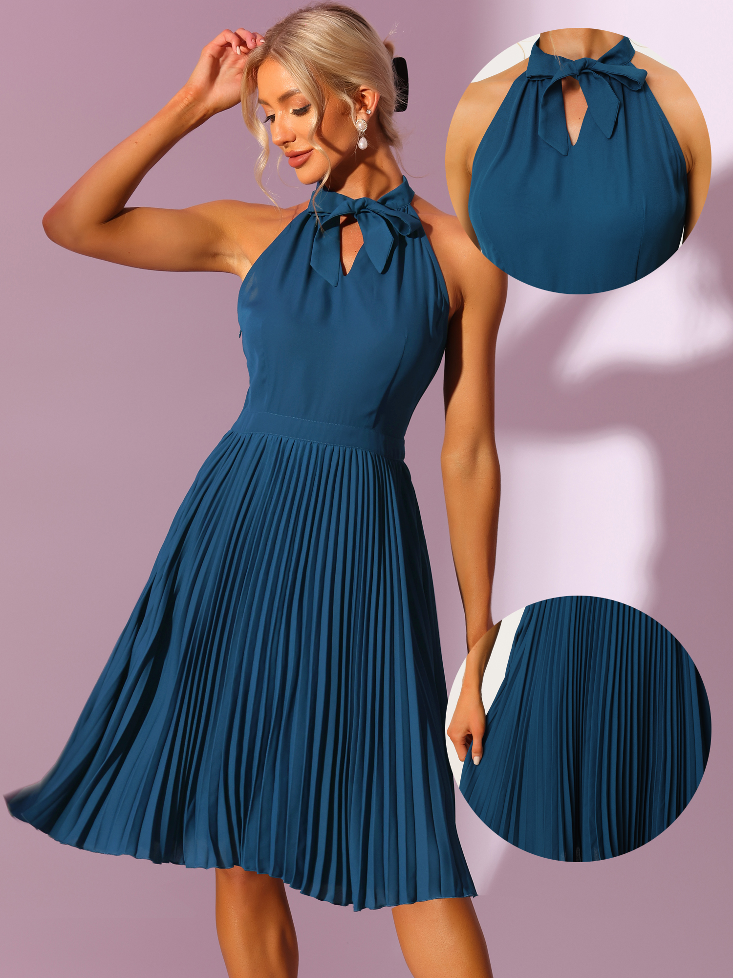 Pleated Summer Tie Halter Neck Sleeveless Party Cocktail Dress Navy Blue/S