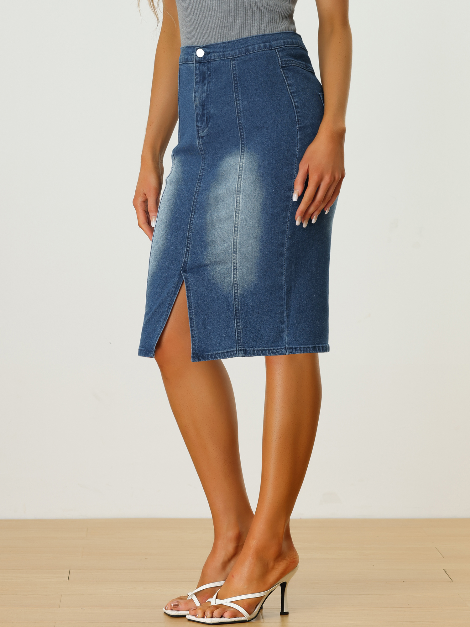 Slit Elastic High Waist Casual Stretch Bodycon Pencil Denim Skirt Blue/L